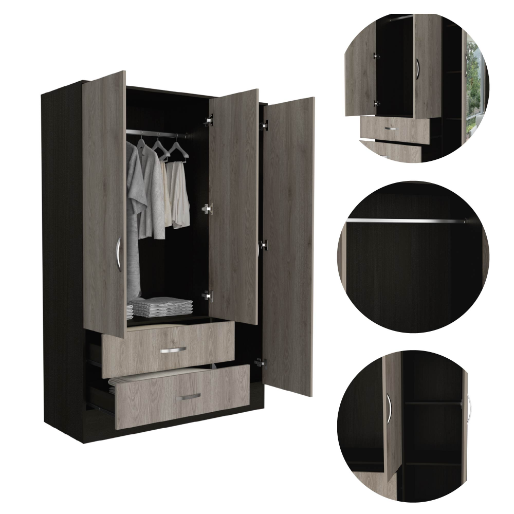 Bolton 120 Mirrored Armoire, Metal Hardware, Double Door Cabinet, Two Drawers, Single Door With Mirror, Rods - Multicolor