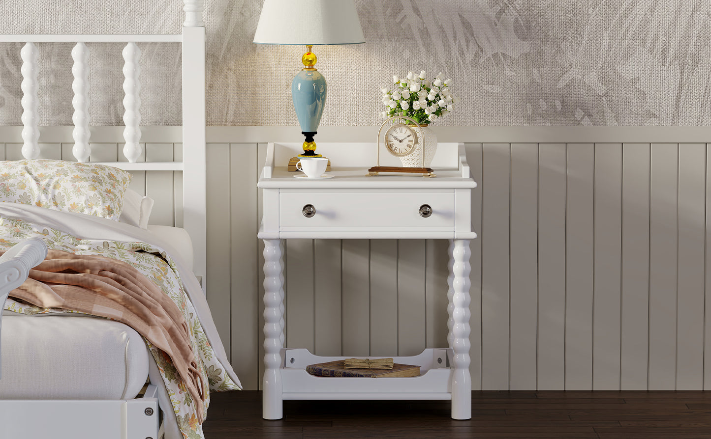 Retro Style Nightstand with Drawer and Open Shelf for Bedroom, Bedside Table with Turned Legs and Metal Handle,White