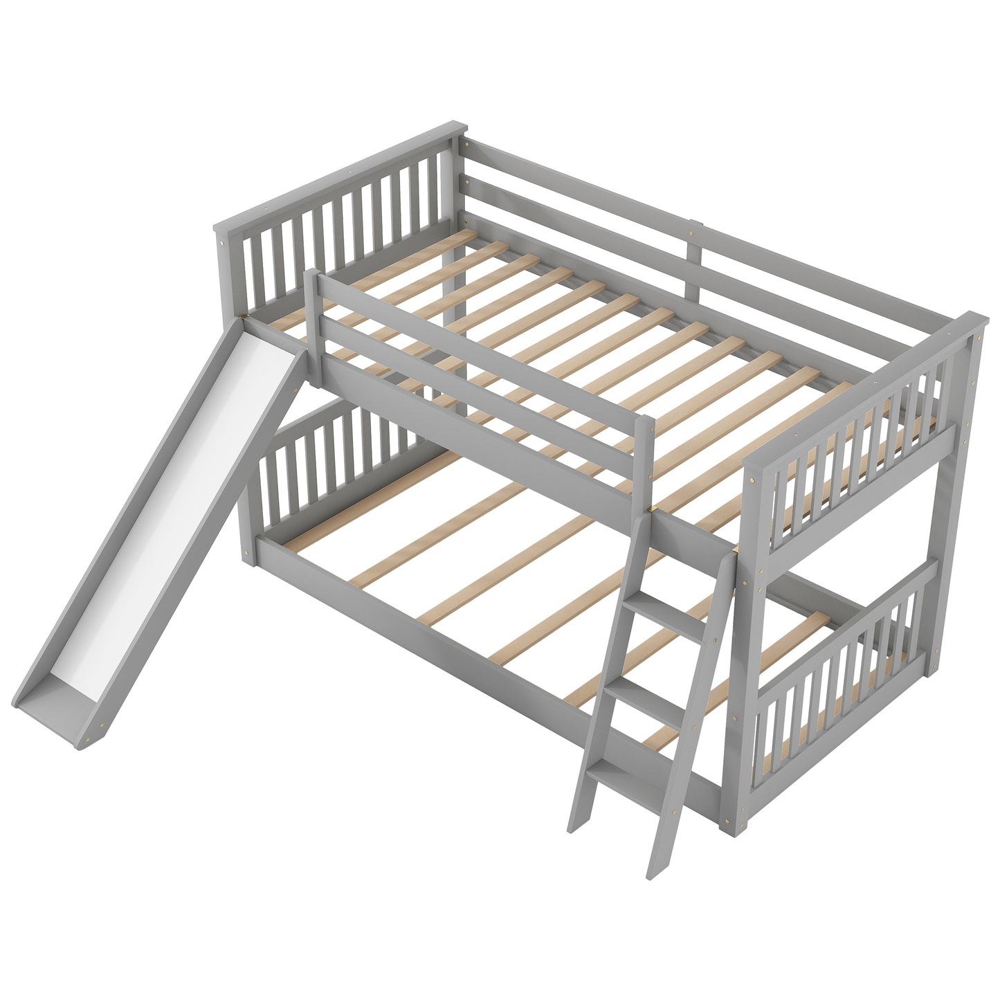 Gray Twin over Twin Bunk Bed with Convertible Slide and Ladder, Pine Wood+MDF, 79.1''L x 42.1''W x 49.4''H