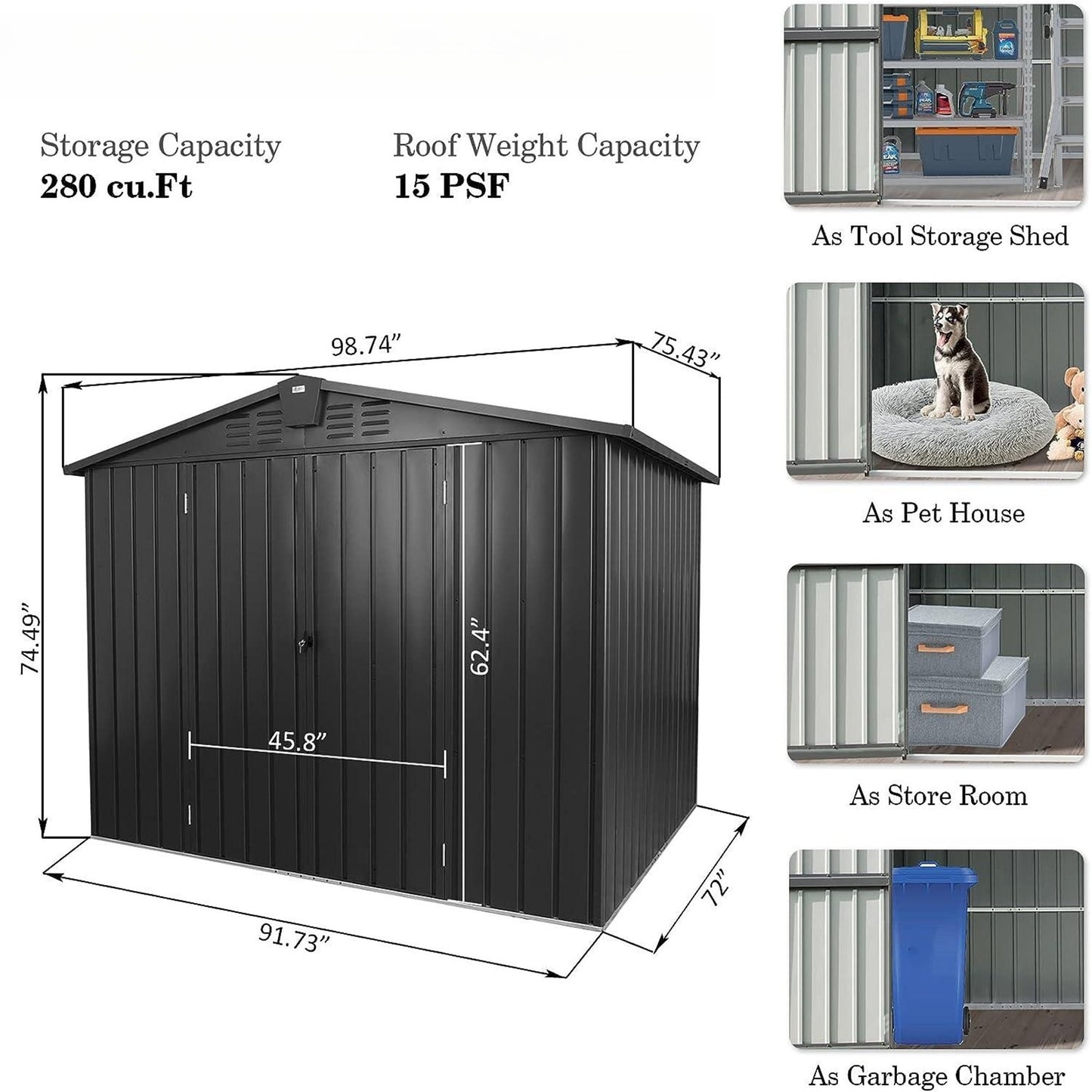 Outdoor Storage Shed 8.2'x 6.2', Metal Garden Shed for Bike, Trash Can, Galvanized Steel Outdoor Storage Cabinet with Lockable Door for Backyard, Patio, Lawn (8.2x6.2ft, Dark Gray)