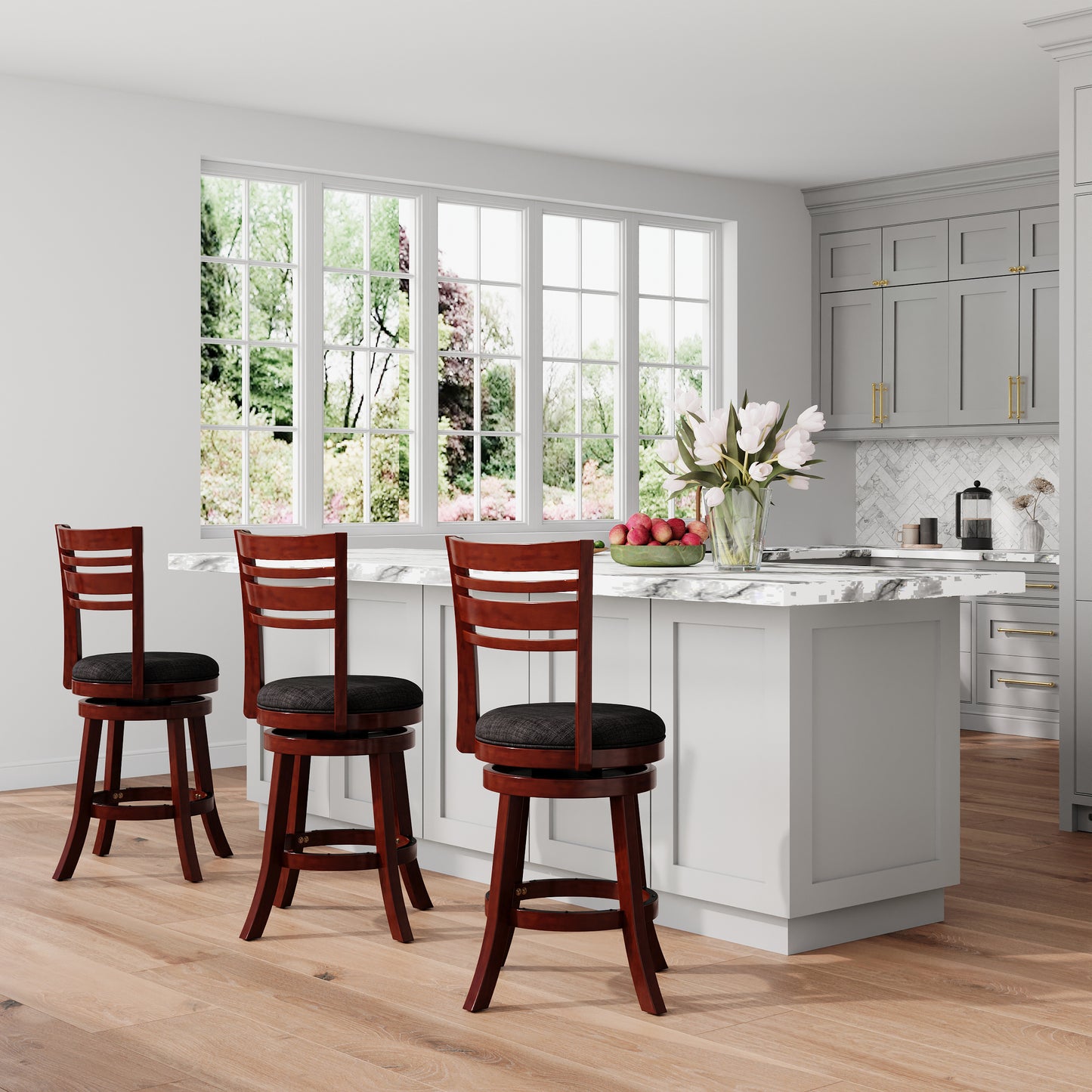 24" Counter Height Slat Back Swivel Stool, Cherry Finish, Charcoal Fabric Seat