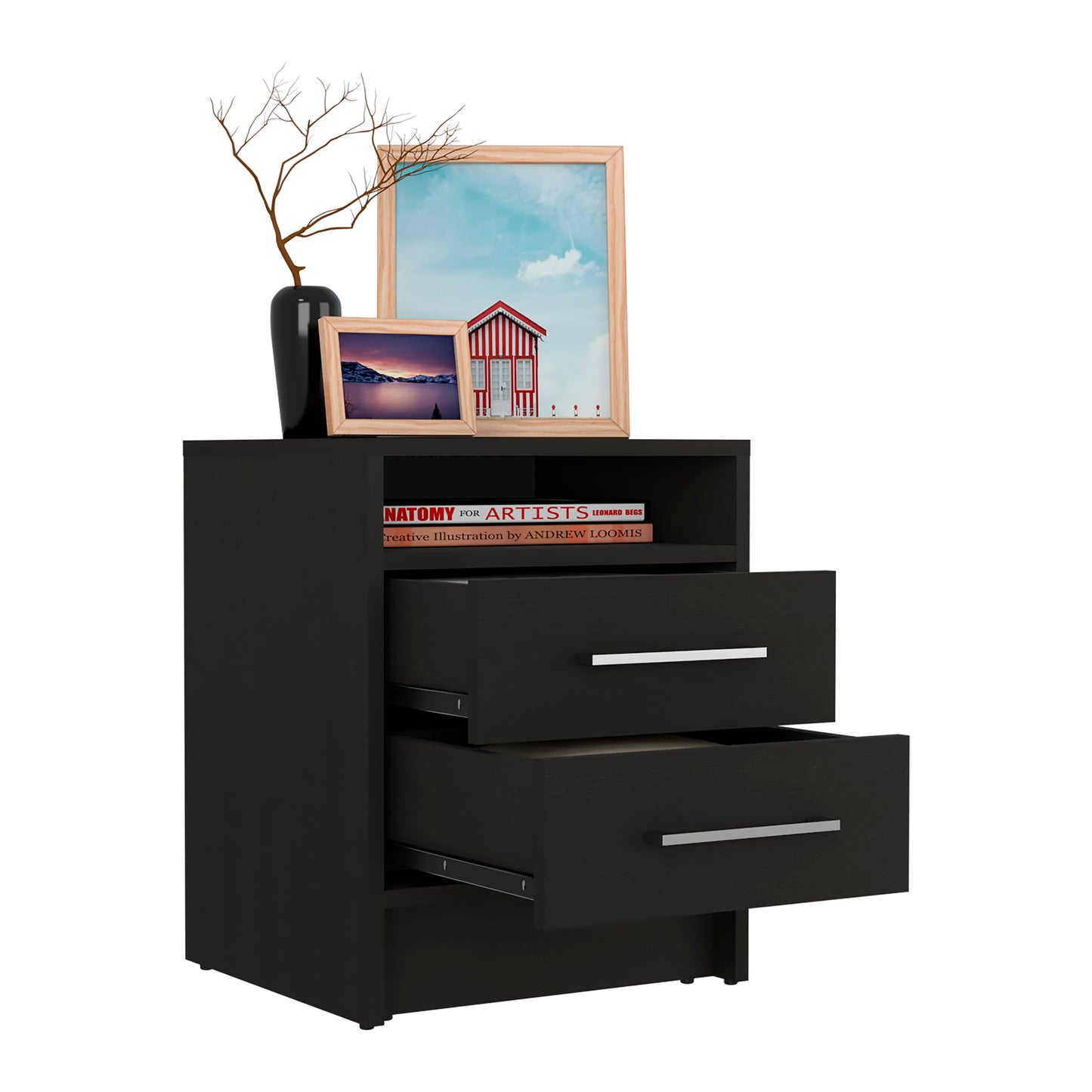 Eter Nightstand , End Table, Side Table Superior Top, Two Drawers -Black