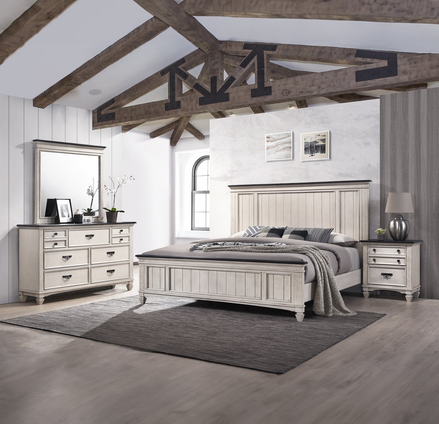 Beautiful Farmhouse Two-Tone Finish 1Pc Dresser Storage Drawers Bedroom Furniture Black Nickel Hardware