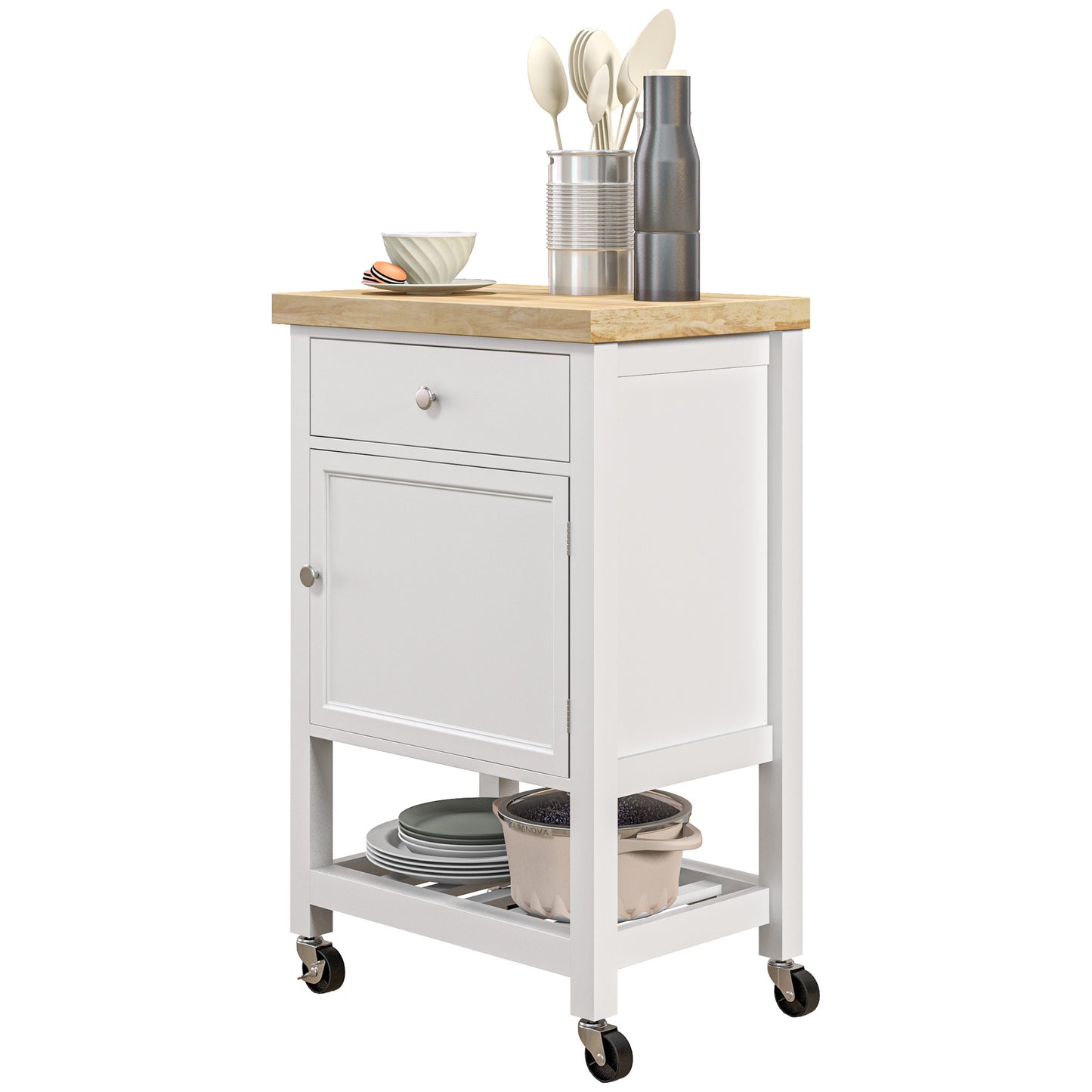 HOMCOM Utility Kitchen Cart, Rolling Kitchen Island with Smooth Rubberwood Top, Narrow Butcher Block Surface on Wheels with Storage Drawer & Cabinet, White