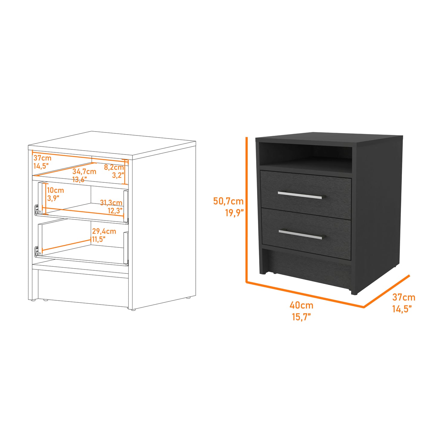 Philadelphia Nightstand, Two Drawers, Concealed Shelf