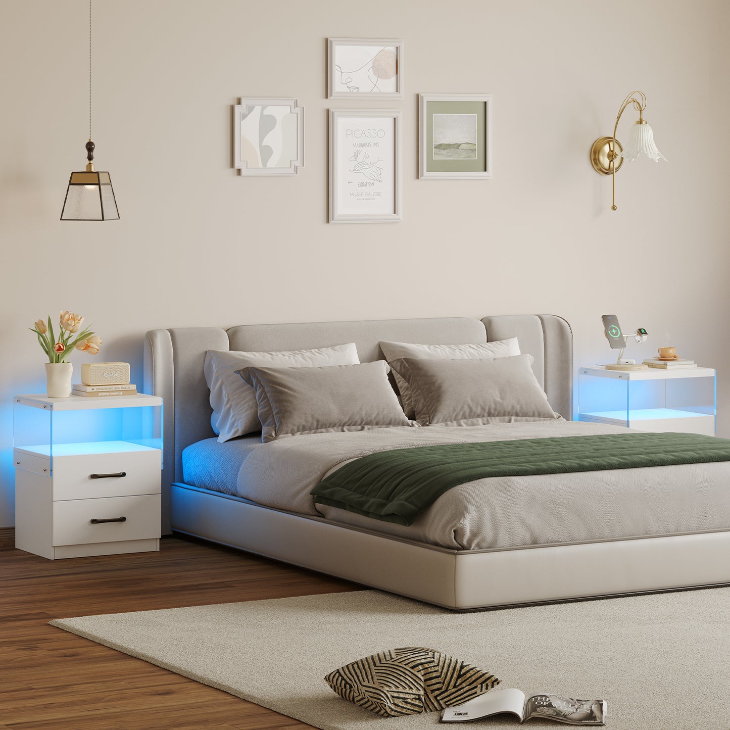 Nightstand with LED Lights, Adjustable Light Colors, Bedside Table, Side Table with 2 Drawers,White