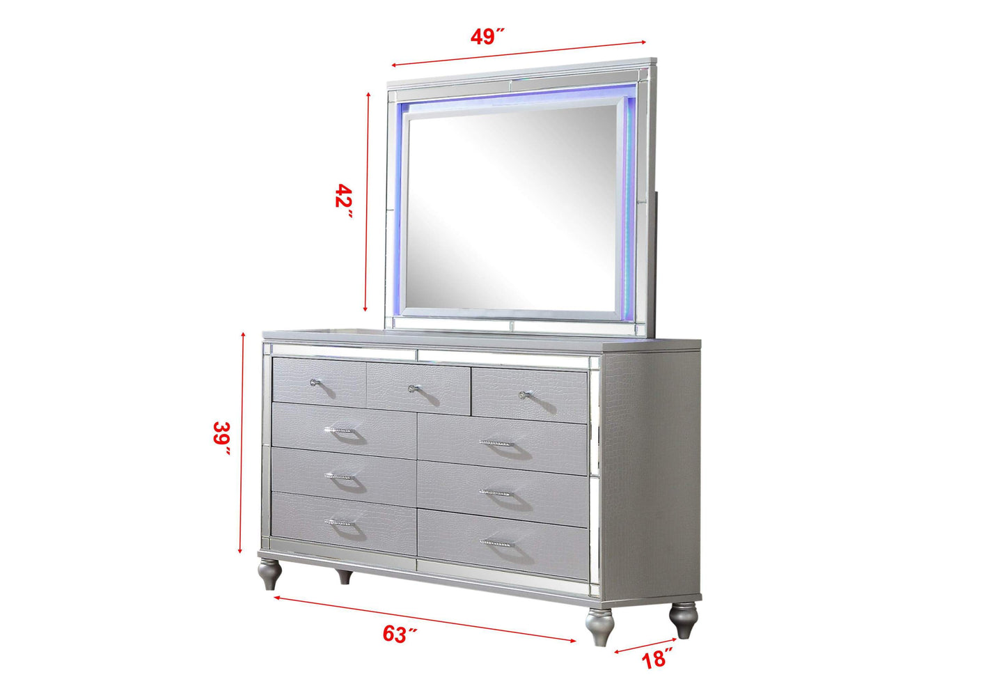 Mirror Framed 9-Drawer Dresser Made With Wood in Silver Color