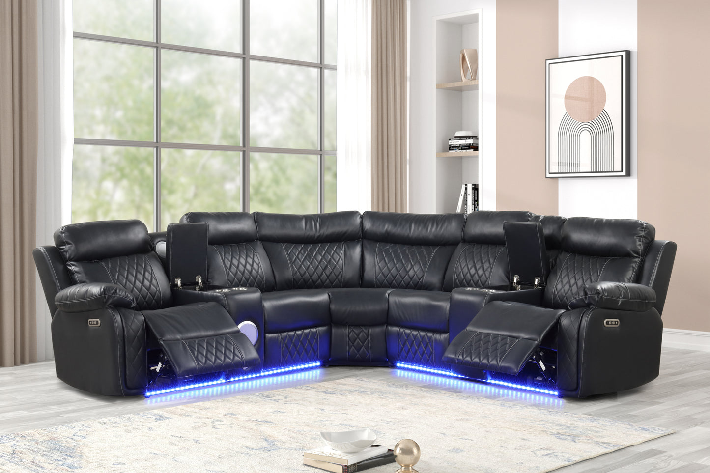 Lacrosse Modern Style power recliner sectional with Bluetooth speaker and LED made with wood & metal in Black (CA INVENTORY)
