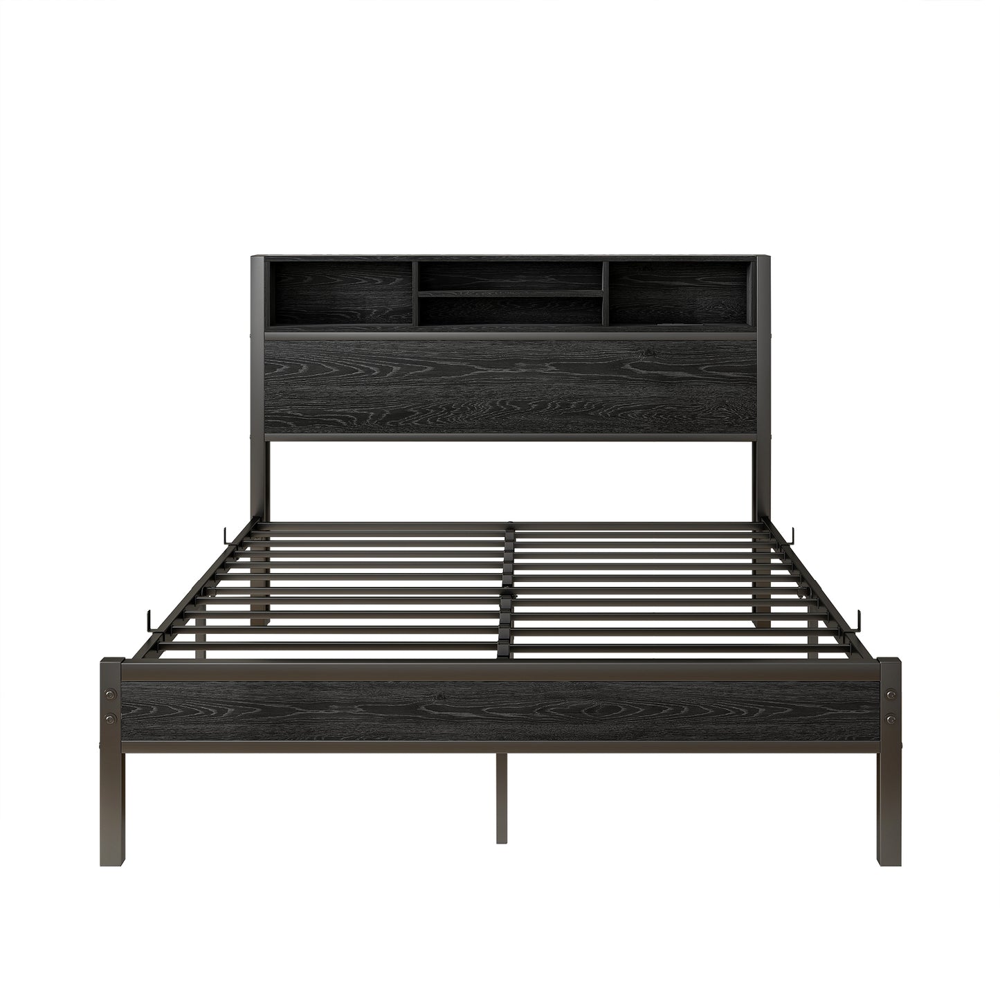Full Size Bed Frame with Storage Headboard, Metal Platform Bed with Charging Station, Bookcase Storage, No Box Spring Needed, Easy Assembly, Noise-Free, Black