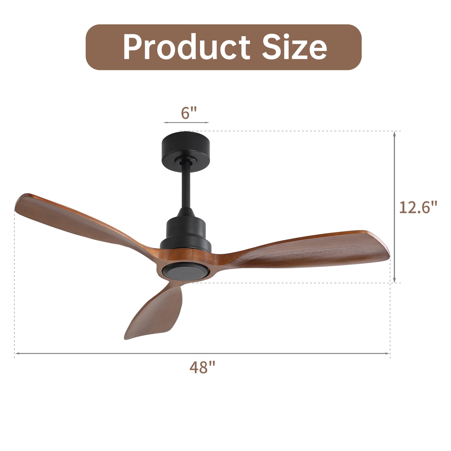 48 Inch Ceiling Fan Without Light, 3 Solid Wood Blades Indoor&Outdoor Ceiling Fan 6-speed Reversible DC Motor for Living Room