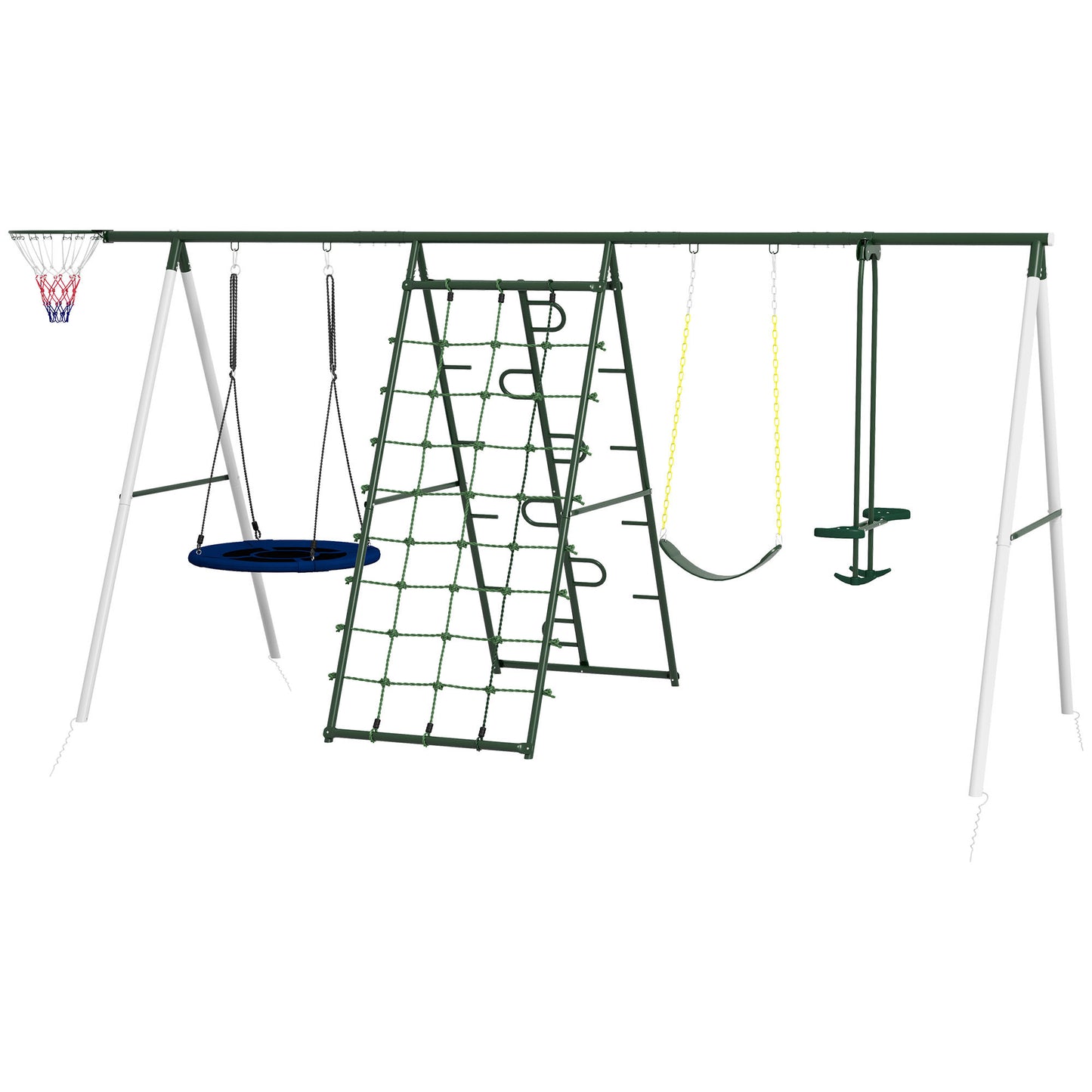 Outsunny 528 lbs Swing Set for Backyard, 5 in 1 Heavy-Duty A-Frame Stand Outdoor Playset for Kids, with Saucer Swing, Slide, Swing Seats, Glider, Basketball Hoop, Climbing Steps and Net