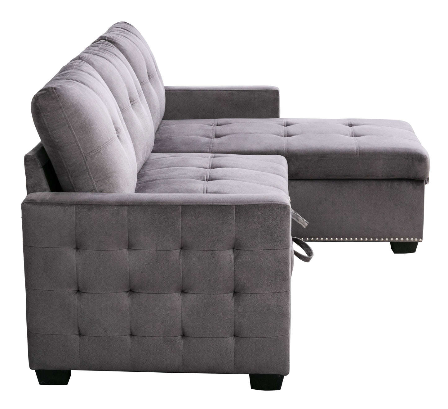 77 Inch Reversible Sectional Storage Sleeper Sofa Bed , L-Shape 2 Seat Sectional Chaise With Storage , Skin-Feeling Velvet Fabric ,Dark Grey Color For Living Room Furniture