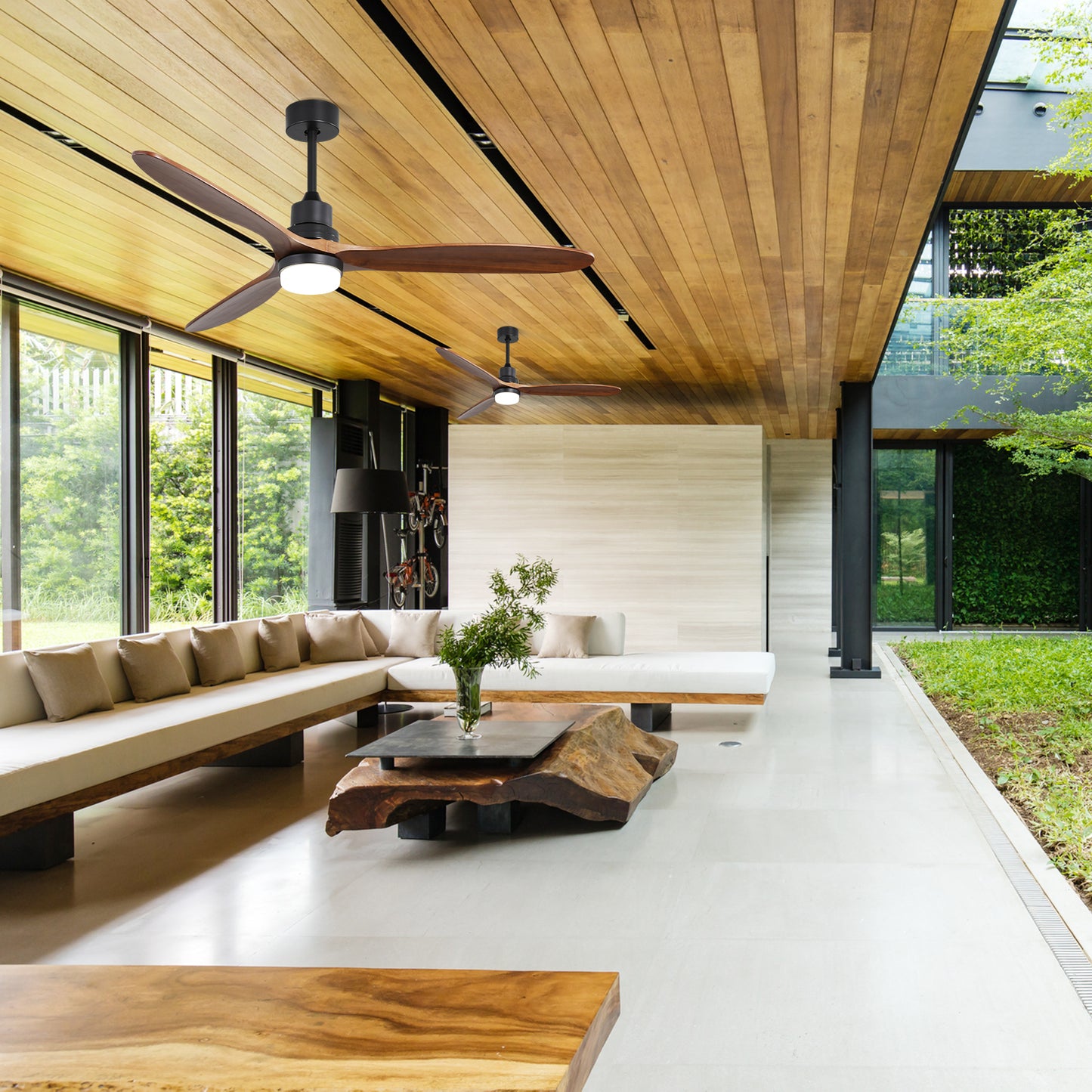 60 Inch Ceiling Fan With Lights 3 Solid Wood Fan Blade Noiseless Reversible Motor Remote Control