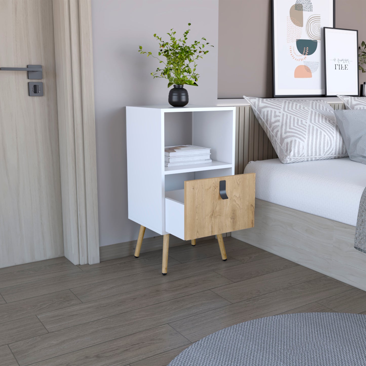 Kimball Tall Nightstand with Drawer, Open Shelf and Wooden Legs