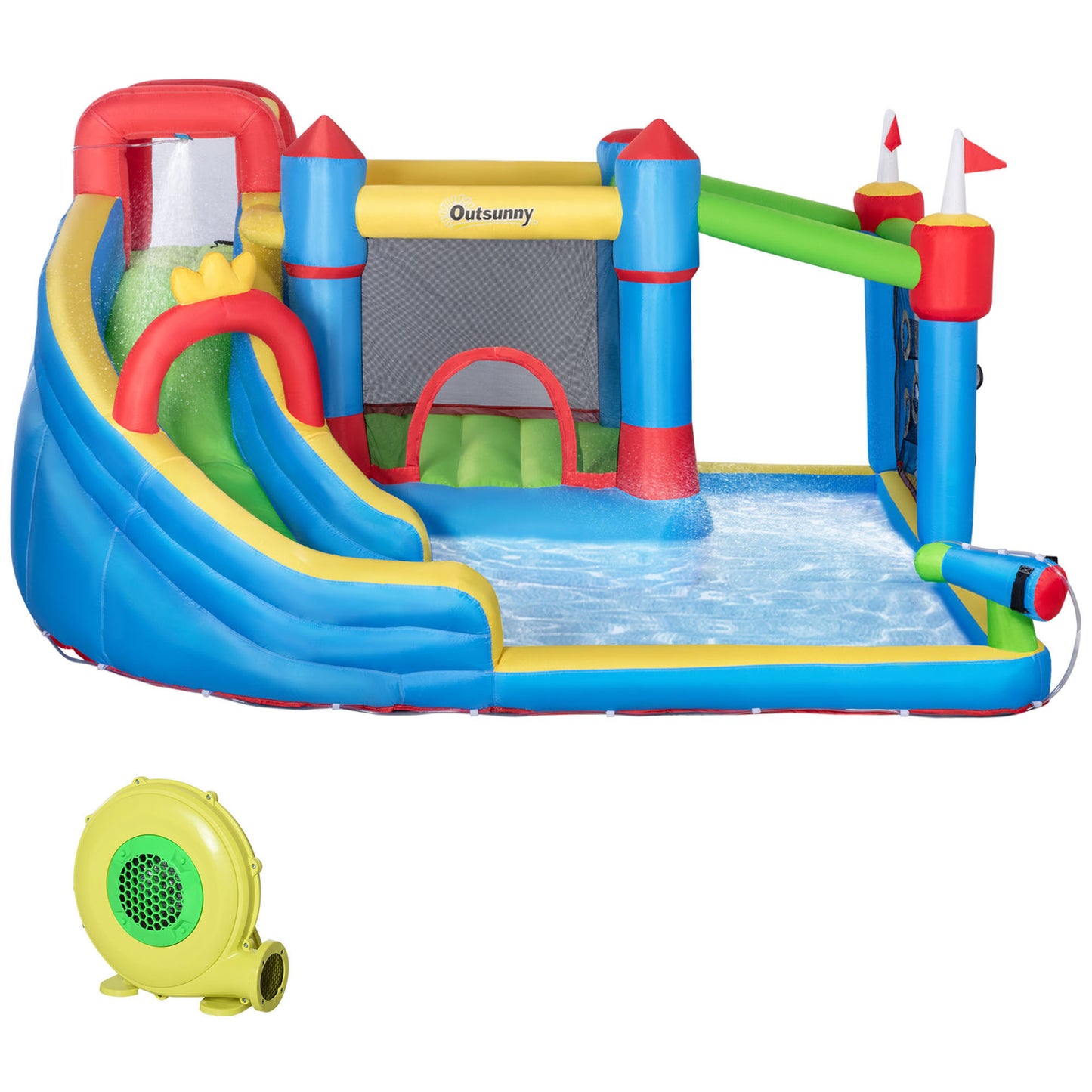 Outsunny 6-in-1 Inflatable Bounce House with Slide, Climbing Wall, Water Cannon, and More, Inflatable Water Slide for Kids with 2 Min. Inflation with Inflator