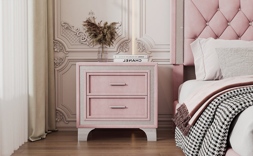 Mid Century Vintage Nightstand with Silver Glitter Strip Decor and Metal Legs, Velvet Bedside Table with 2 Drawers, Fully Assembled Except Legs and Handles, Pink