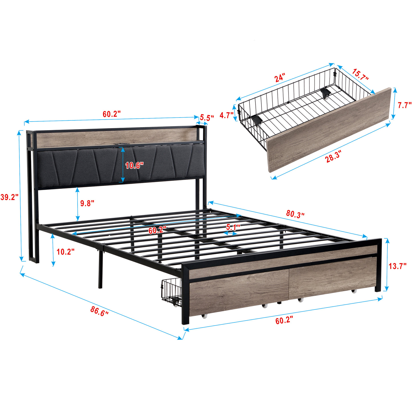 Queen Size Metal Platform Bed Frame with upholstery storage function Headboard and USB LINER and Footboard with drawers , No Box Spring Needed, Large Under Bed Storage, Easy Assemble