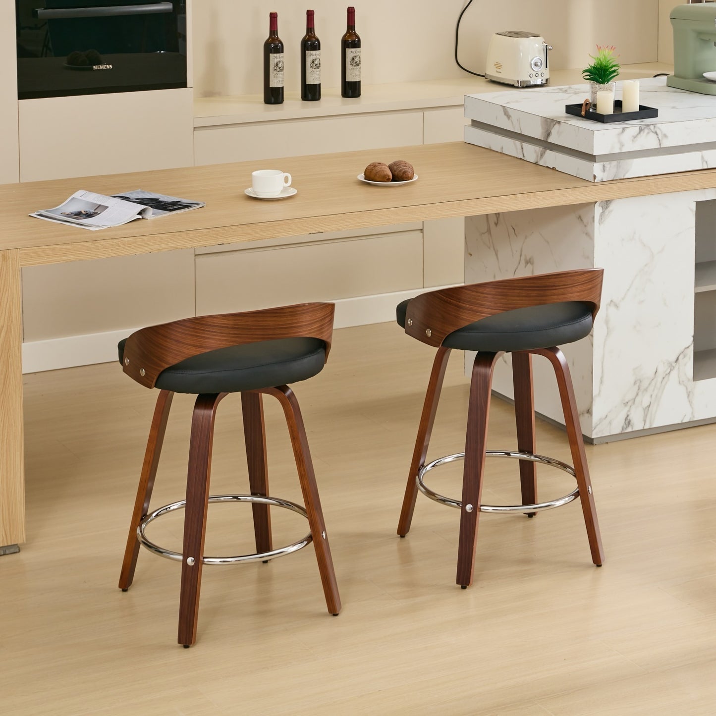 Bar Stools Set of 2, Swivel Bar Height Stools with Low Back, Wood Bar Chairs with Soft Cushion Seat, 25-Inch Seat Height (Black, 25" Counter Height)