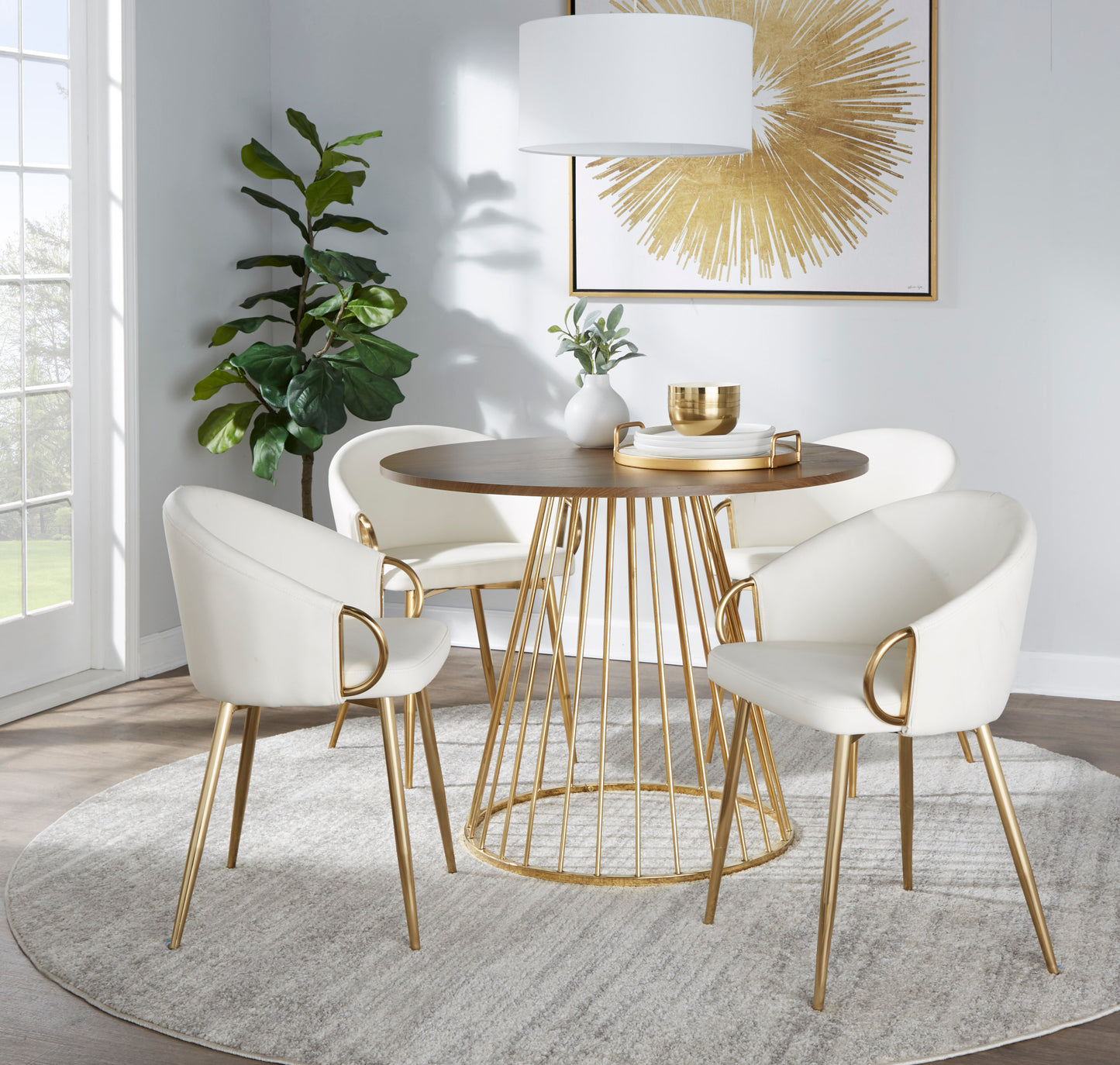 Canary Cosmo Contemporary Dining Table in Gold Metal and Walnut Wood by LumiSource