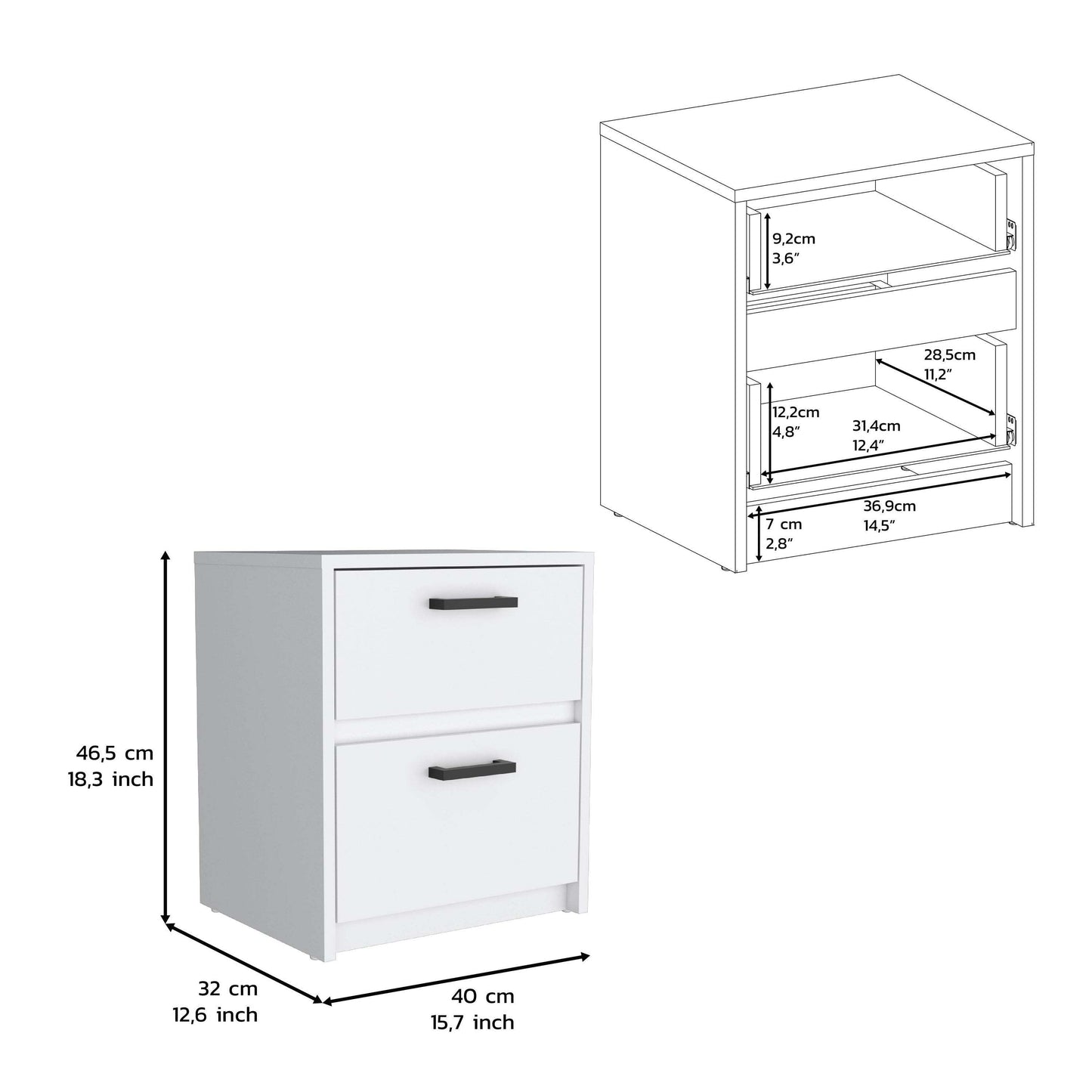 Nightstand 18"H , 2 Drawers with Metal Handles, White