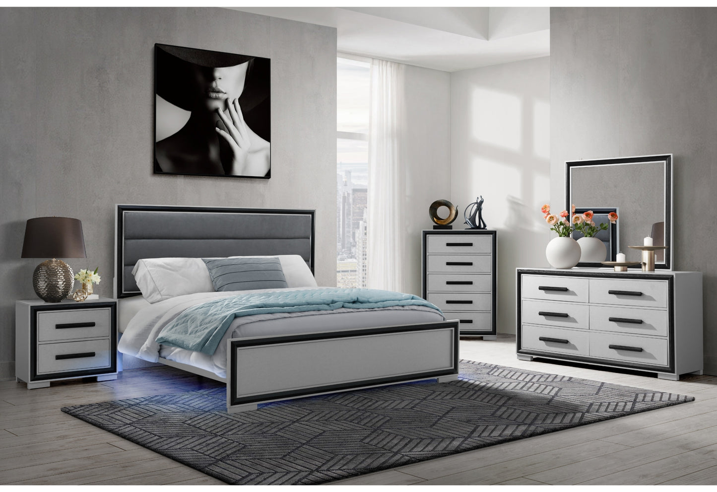 ADELAIDE GREY BLACK QUEEN BED W/LED