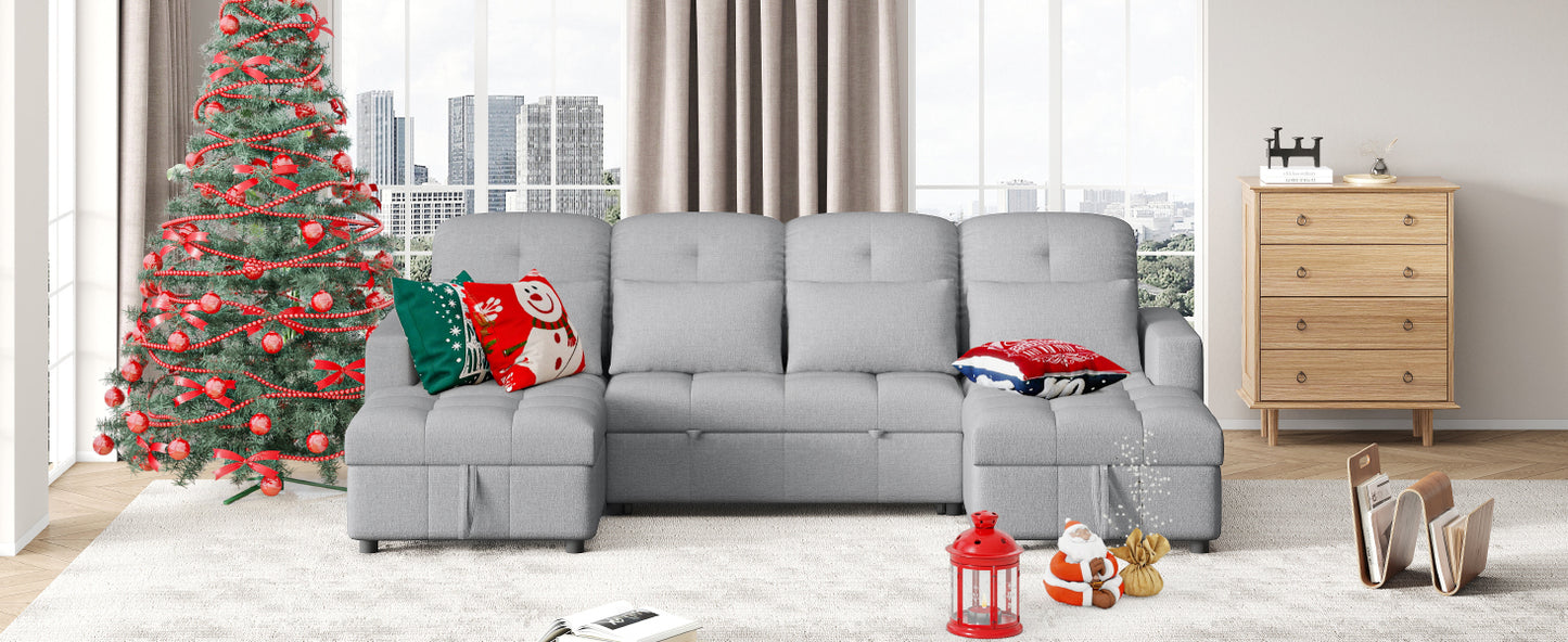 110.2" Oversized U-shaped Sofa Versatile Sectional Sofa Pull-out Sofa Bed with Double Storage Chaise Lounges and Two USB Ports for Living Room,Gray