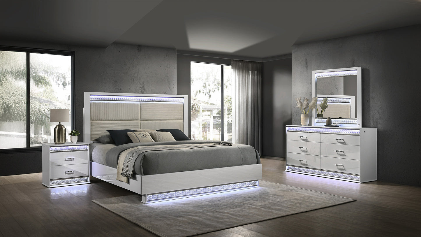 Glam Modern Style Queen Bed Made with LED Headboard & Wood in White