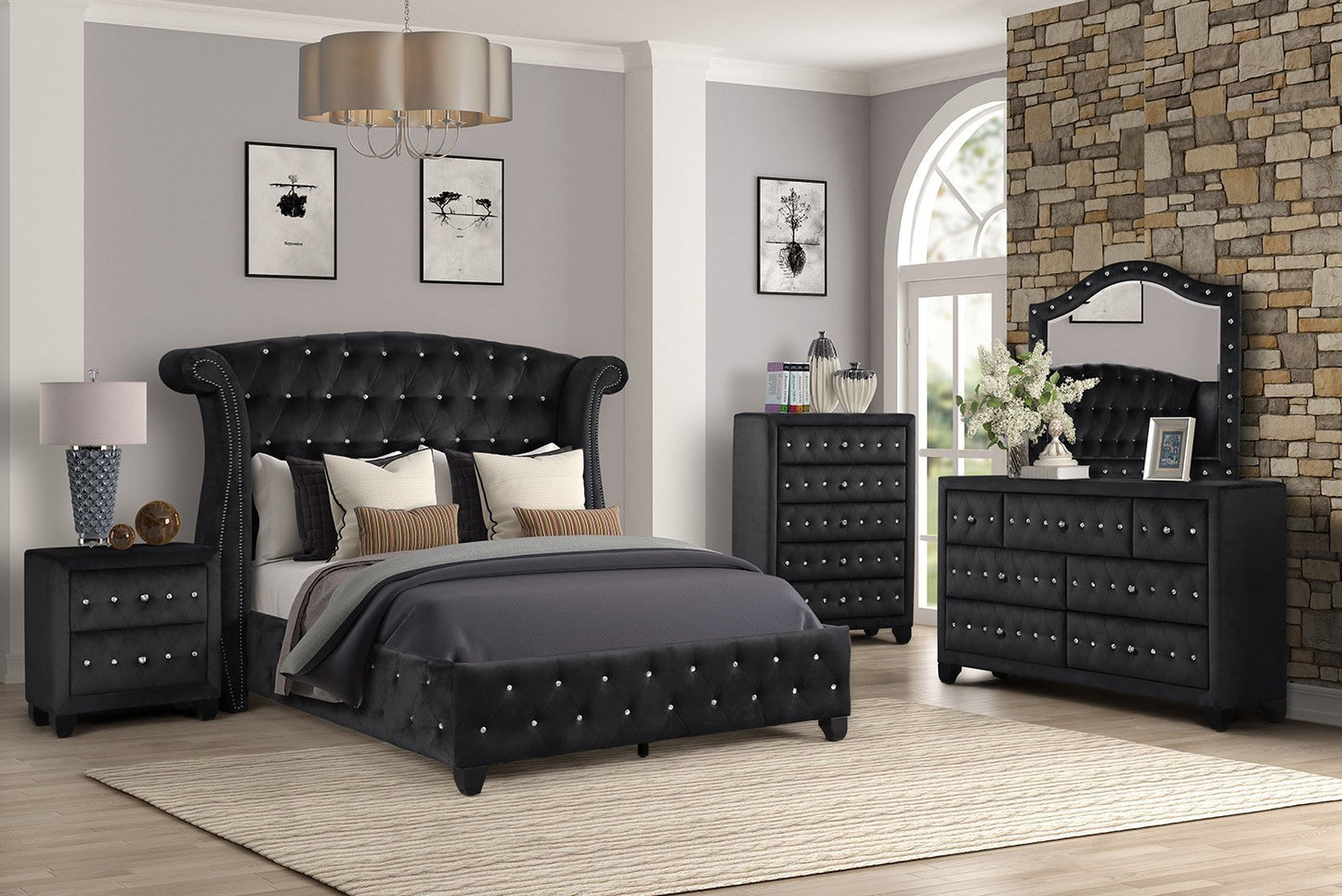 Modern Style Crystal Tufted Upholstery 7-Drawer Dresser finished with Velvet Fabric made with Wood in Black