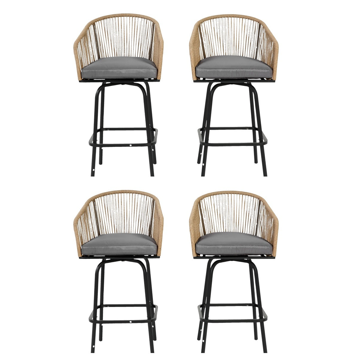 Outdoor Bar Stools Set of 4, 4-Piece Patio Bar Stools with Armrests, All Weather Rattan Bar Chairs with Backrest, Wicker Bar Stools for Backyard, Garden, Pool, Balcony and Deck-Grey