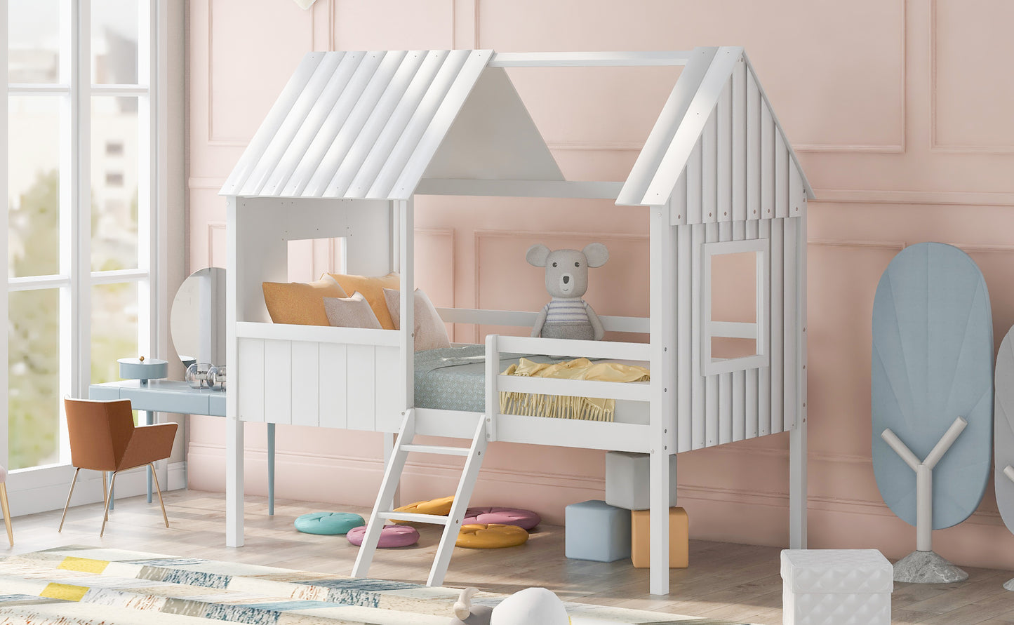 Twin Size Low Loft Wood House Bed with Two Side Windows (White)(OLD SKU: LP000037AAK)