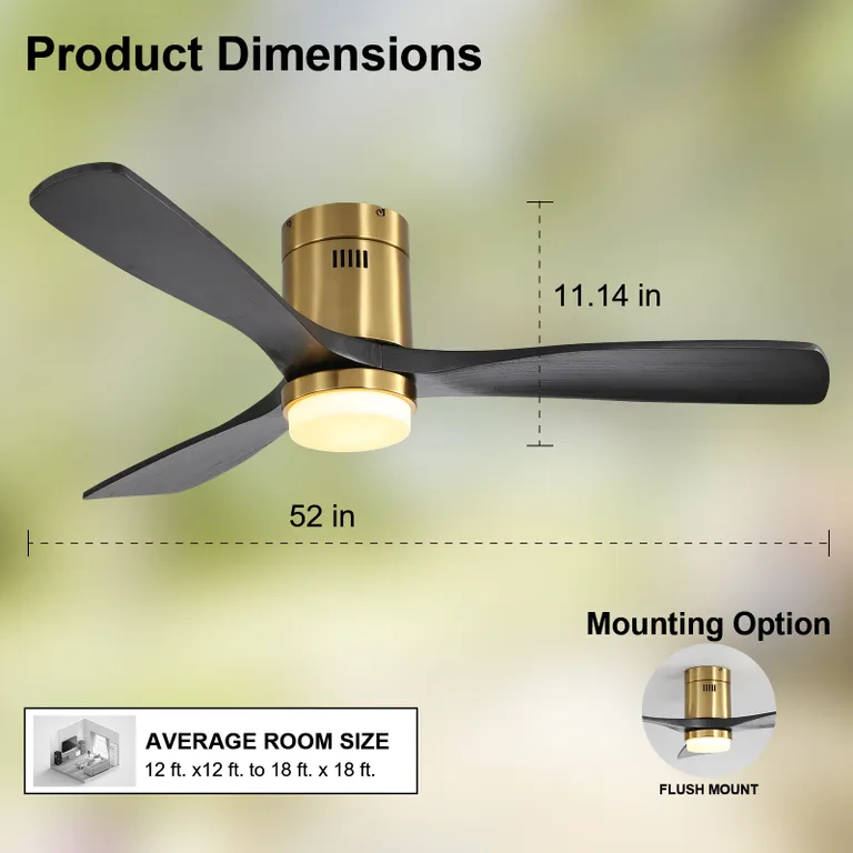 52 Inch Flush Mount Ceiling Fan With 3 Solid Wood Blades Remote Control Reversible DC Motor For Living Room