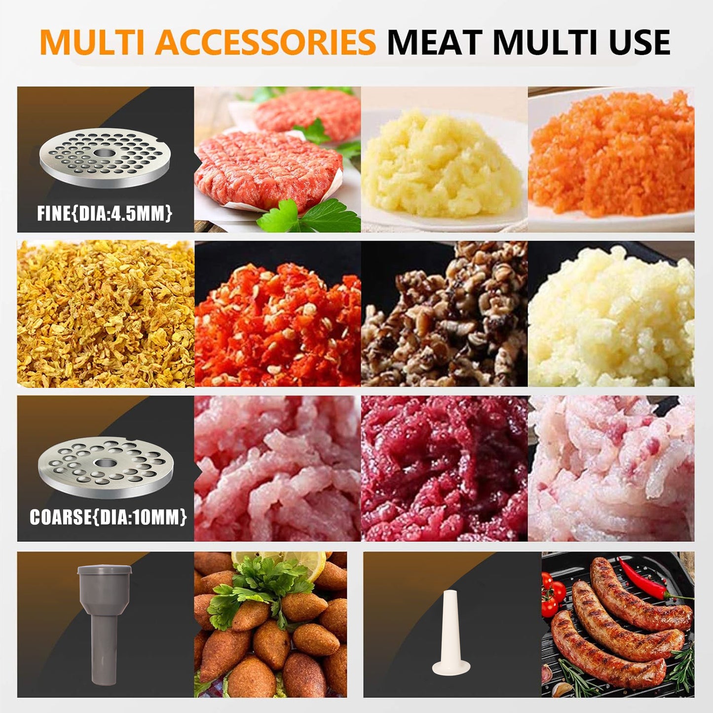 Meat Grinder Commercial Meat Grinding Machine Electric Meat Chopper Mincer with 4/6/8mm Grinding Plates & Stuffing Tubes Stainless Steel