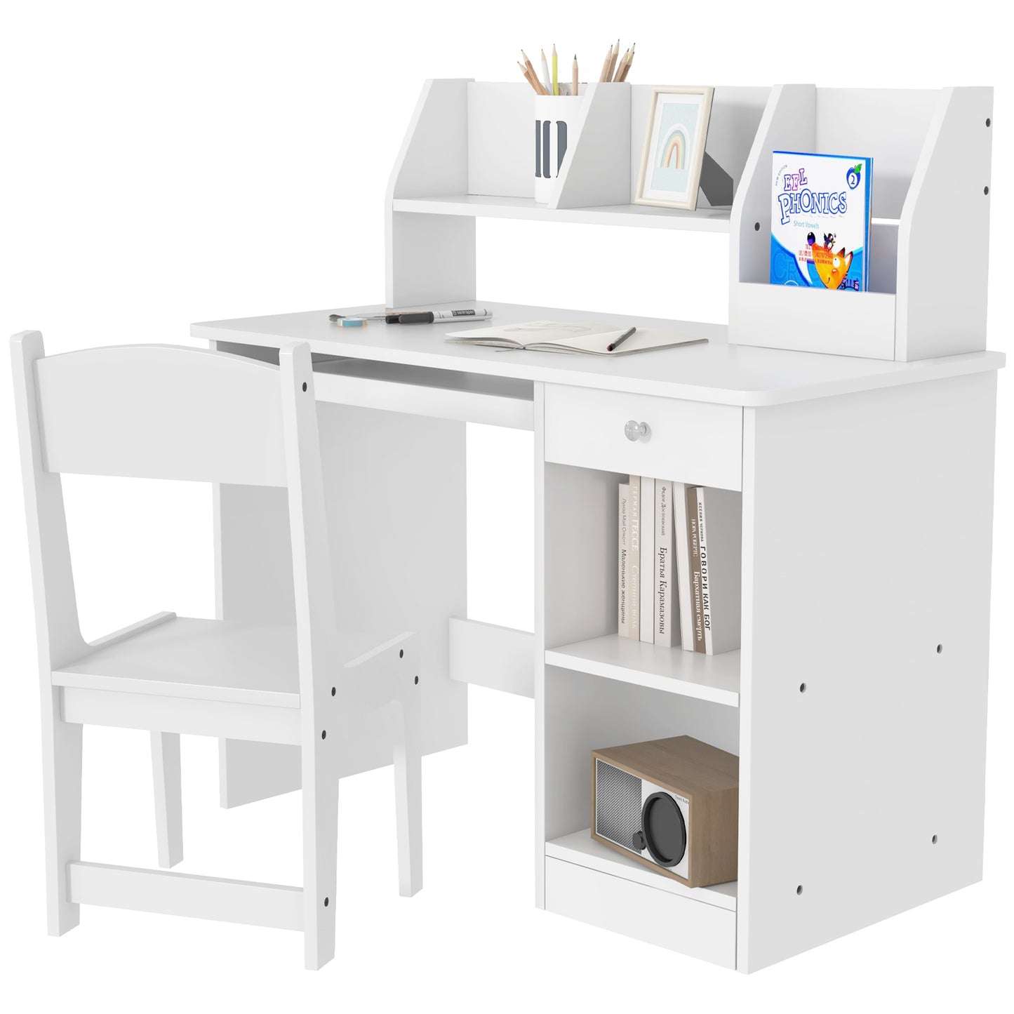 Qaba Kids Desk and Chair Set with Storage, Study Desk with Chair for Children 5-8 Years Old, Gray