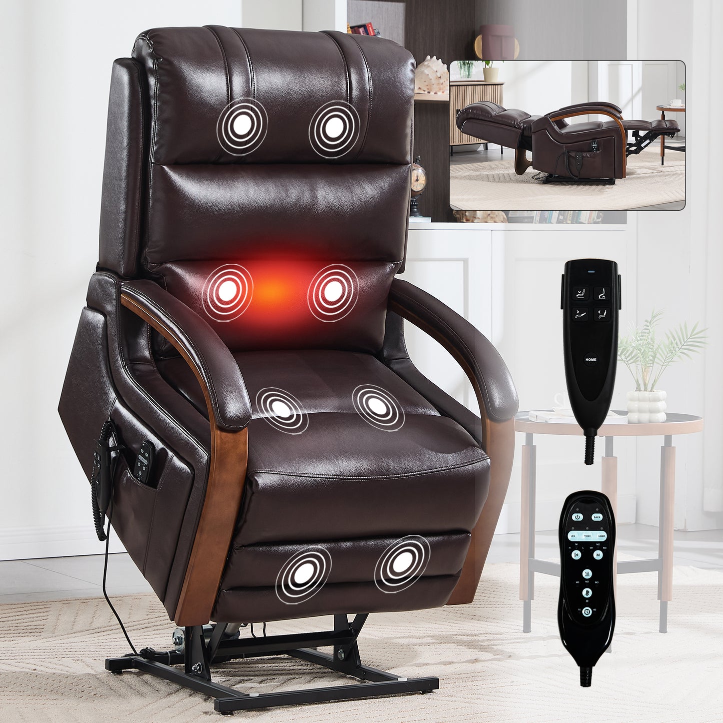 Power Brown Leatheraire Lift Recliner Chair Dual Motor Infinite Position Up to 350 LBS with Solid Wood Armrests, Heat Massage and Heavy Duty Motion Mechanism
