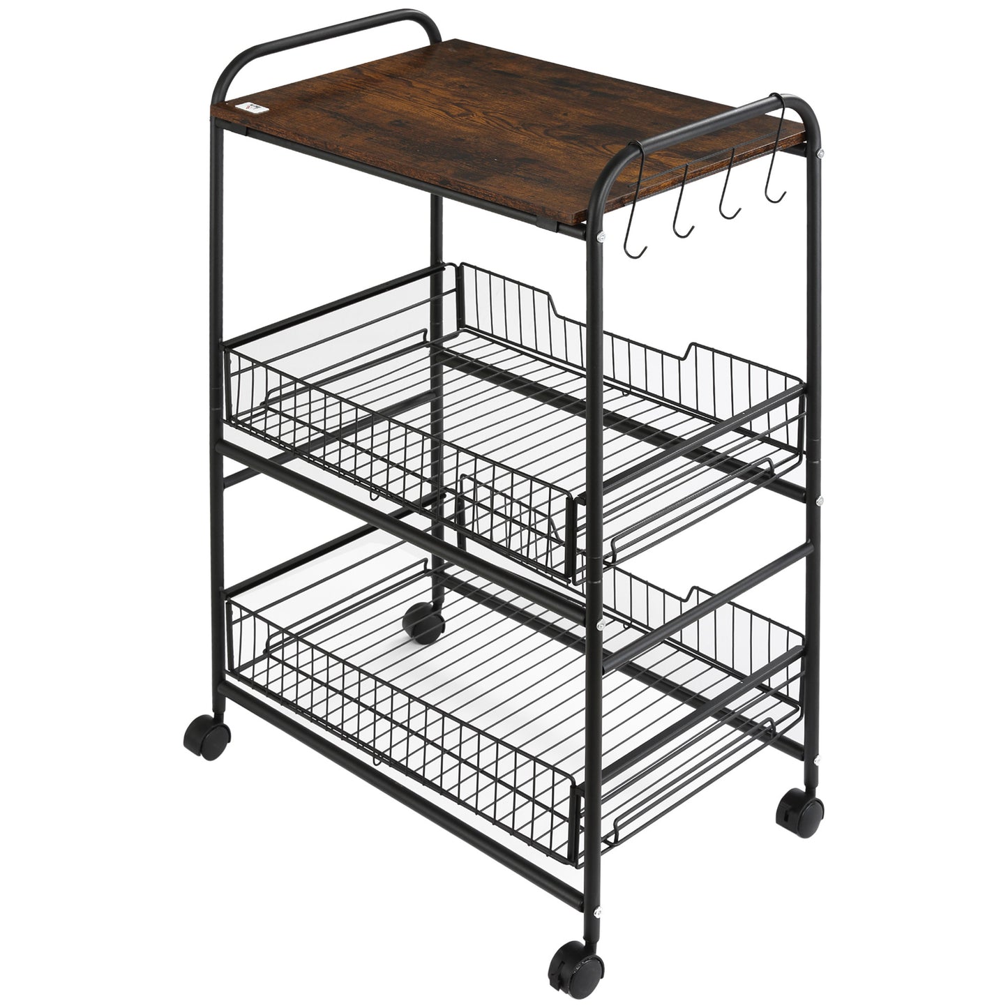 HOMCOM 3 Tier Rolling Kitchen Cart with Storage, Kitchen Island Cart on Wheels with 2 Sliding Fruit Basket, Microwave Cart with Side Hooks for Dining Room, Brown