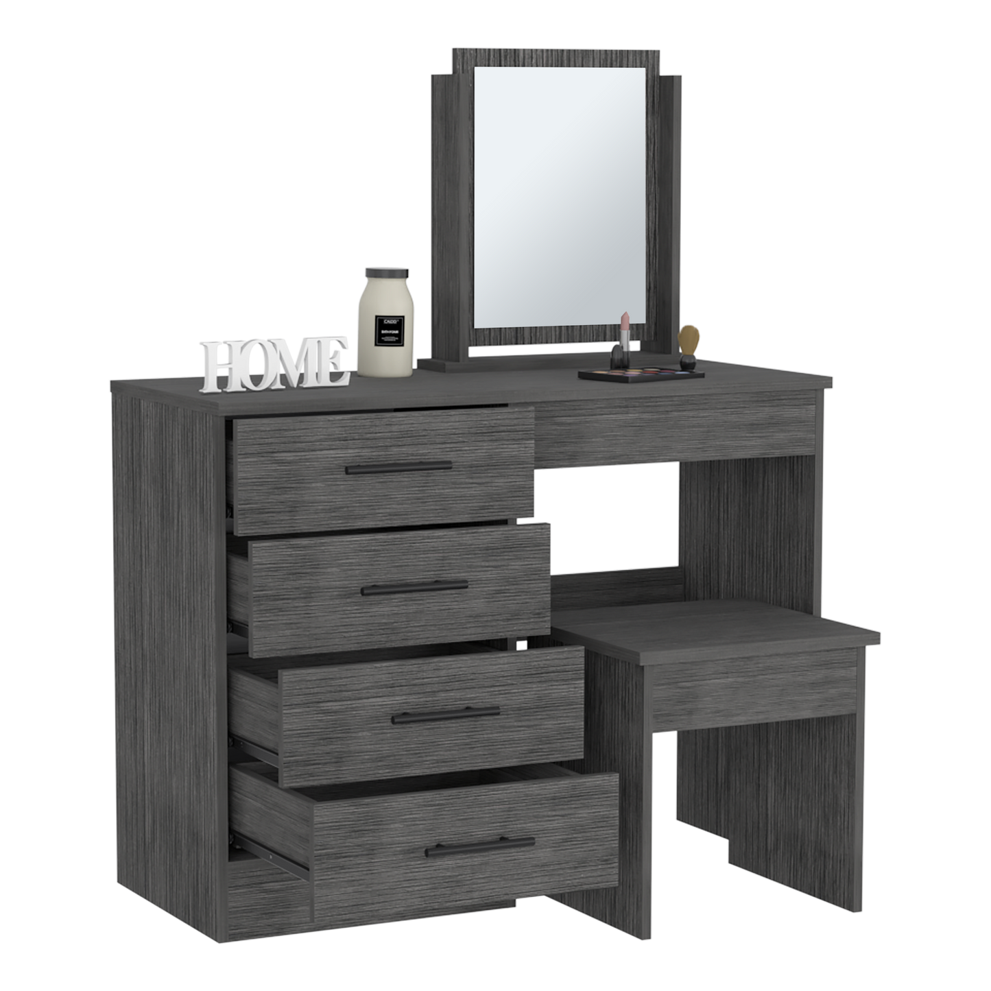 Kaia Makeup Vanity, Four Drawers, One Mirror, Stool -Smokey Oak