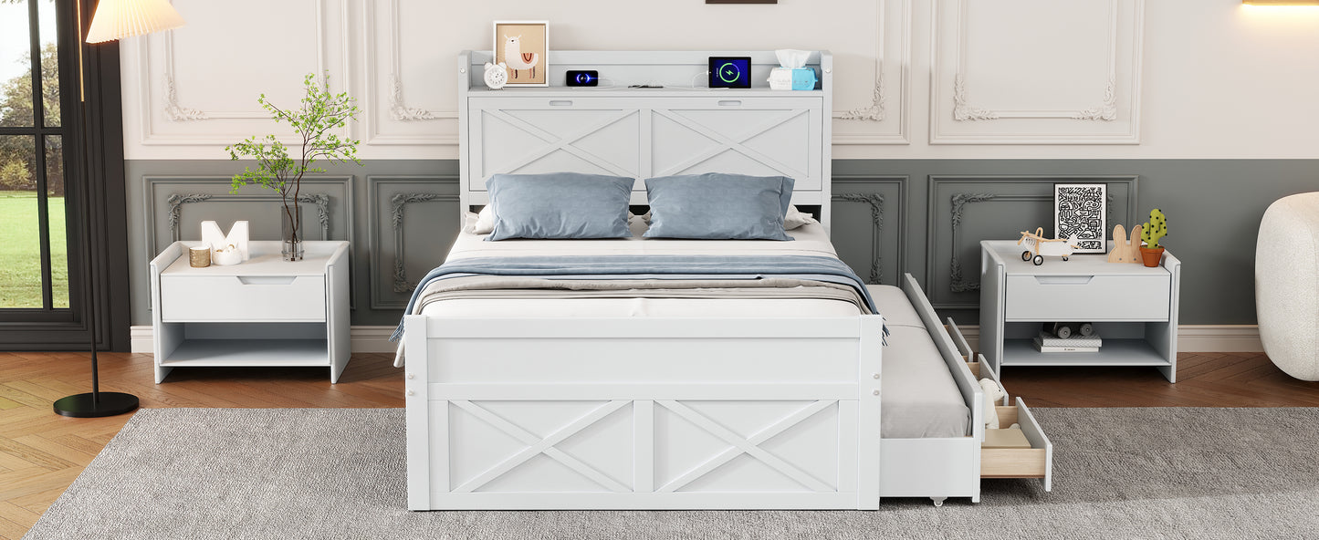 Full Size Wooden Bed with Storage Headboard with Outlets, Extendable Bed with Twin Size Trundle with Three Storage Drawers,White