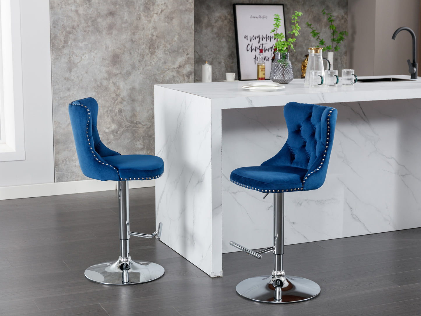 A&A Furniture,Swivel Velvet Barstools Adjusatble Seat Height from 25-33 Inch, Modern Upholstered Chrome base Bar Stools with Backs Comfortable Tufted for Home Pub and Kitchen Island(Blue,Set of 2)