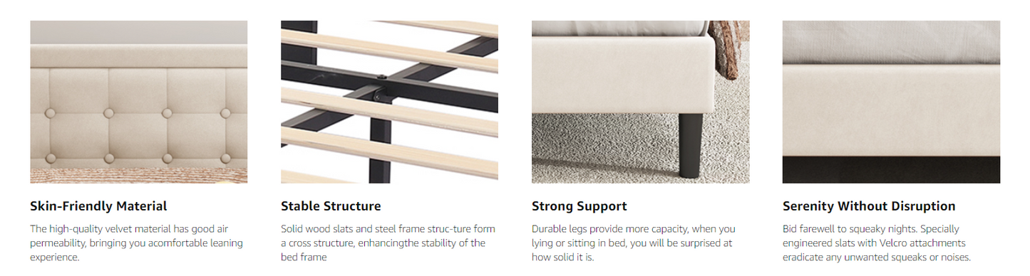 Iron Platform Bed Frame with Wooden slats support & Upholstered Headboard (Queen Size) - Grey