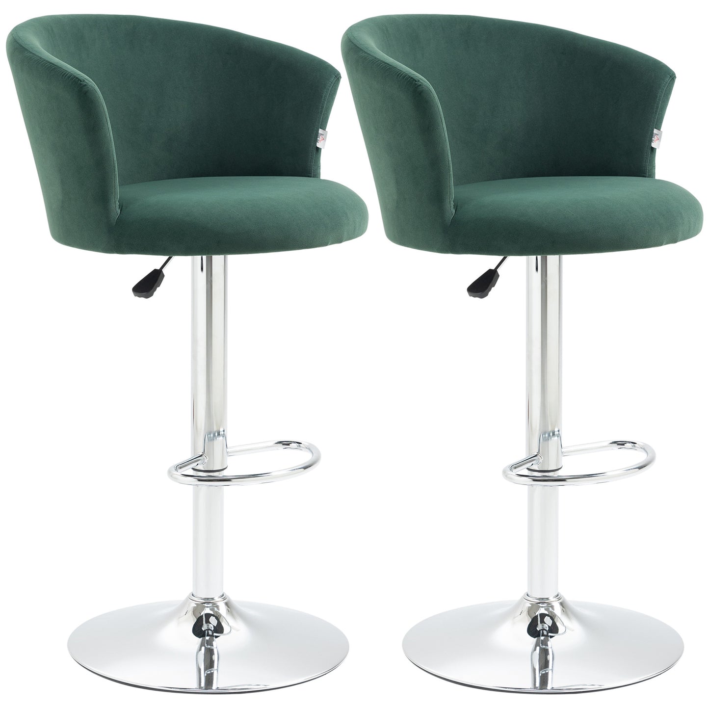 HOMCOM Adjustable Bar Stools Set of 2, Velvet Upholstered Kitchen Stool, Swivel Counter Height Barstool with Footrest for Dining Room, Dark Green
