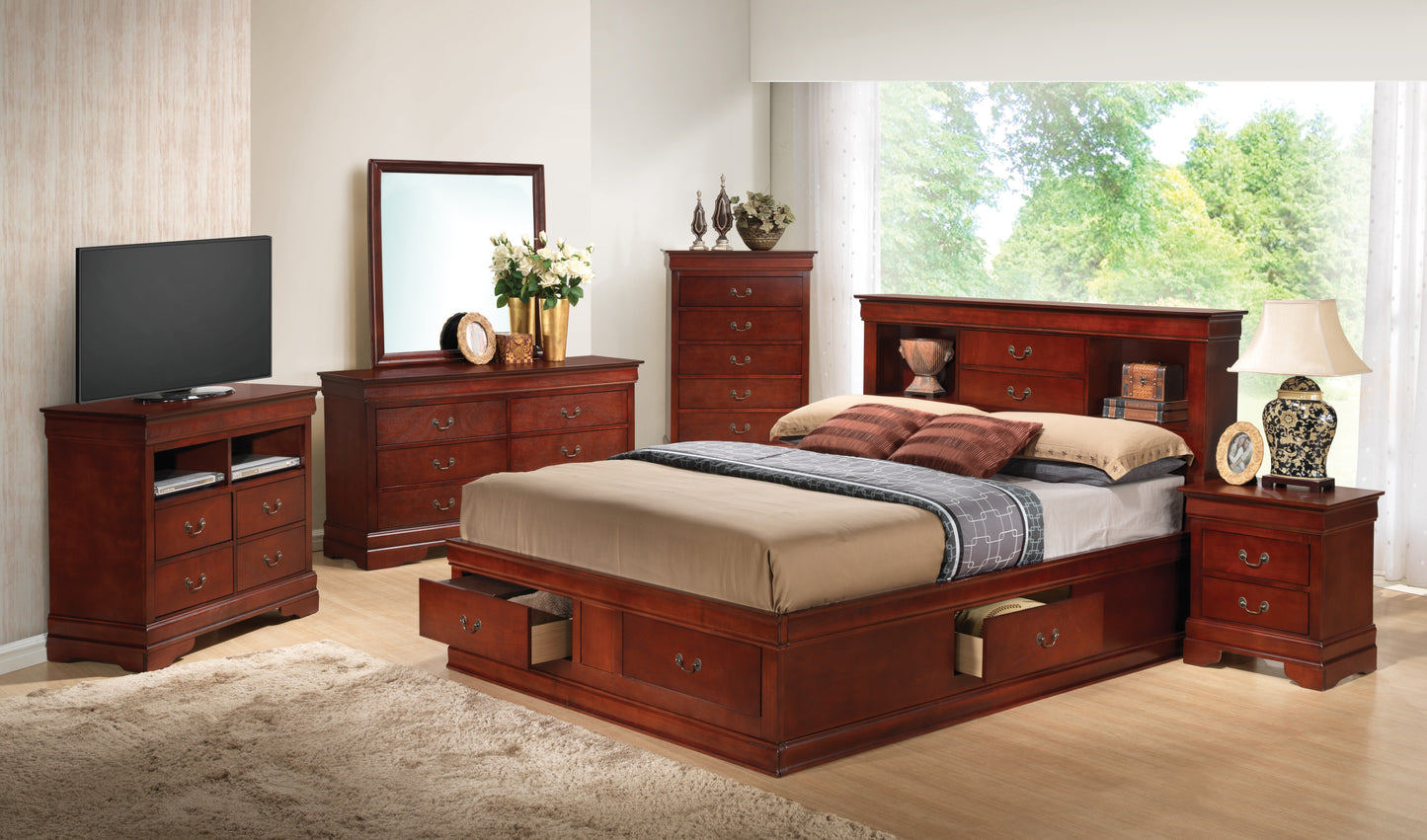 Charming King Storage Bed In Cherry Finish