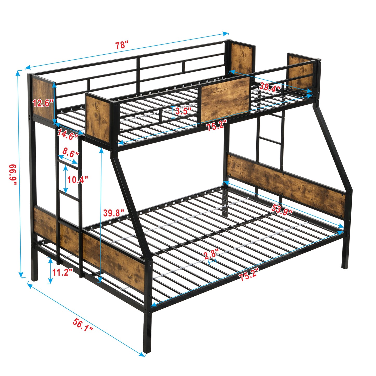 Twin Over FULL Metal Bunk Bed with 2 - Side Ladder and Full-Length Guardrail, No Box Spring Needed, Large Under Bed Storage, Easy Assemble , Black & Brown