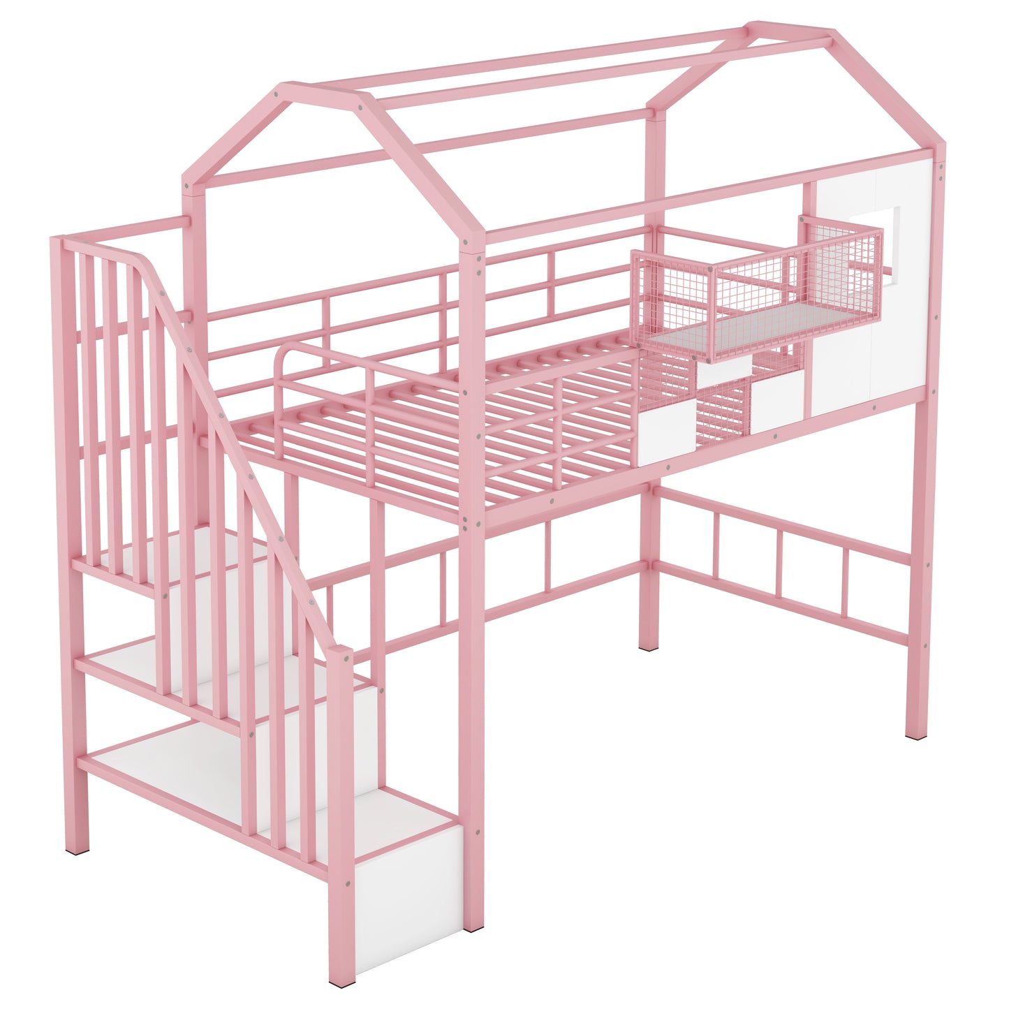 Pink Metal Loft Bed with Roof Design and Storage Box, Twin Size, Durable Metal Frame with Full Guardrails