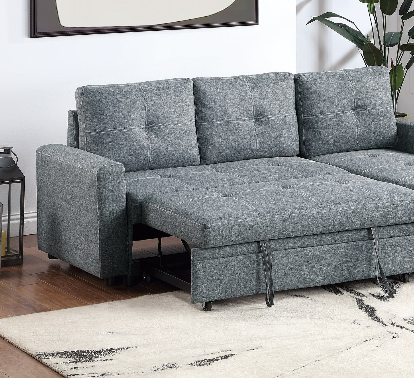 Black Gray Polyfiber Convertible Sectional Sofa Pull out Bed Couch Storage Chaise Reversible 2pc Sectional Living Room Furniture