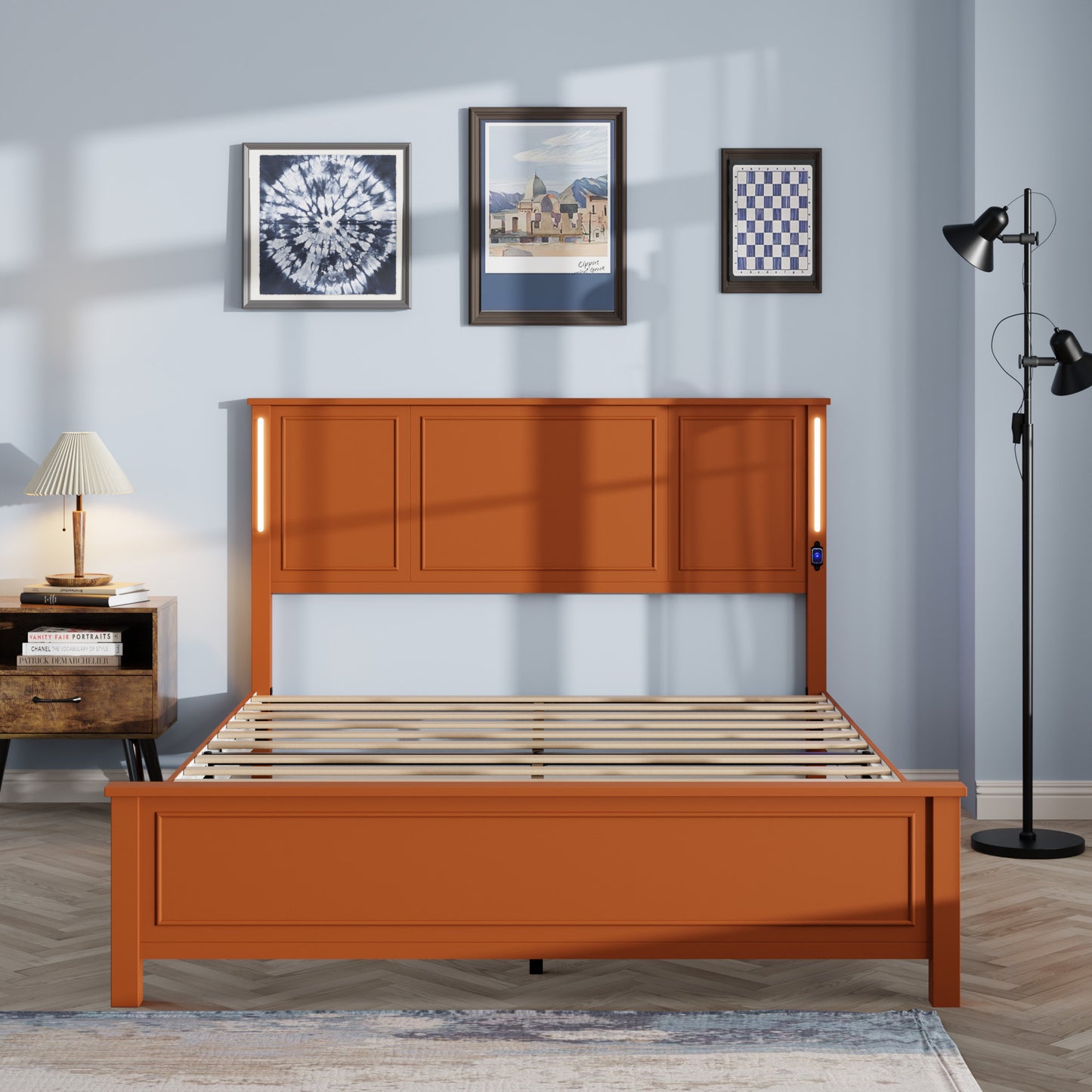 Queen Size Bed Frame, Platform Bed Frame with Wood Headboard and Footboard,Charging Station and LED Lights, 12 Wood Slats Support, No Box Spring Needed , Brown