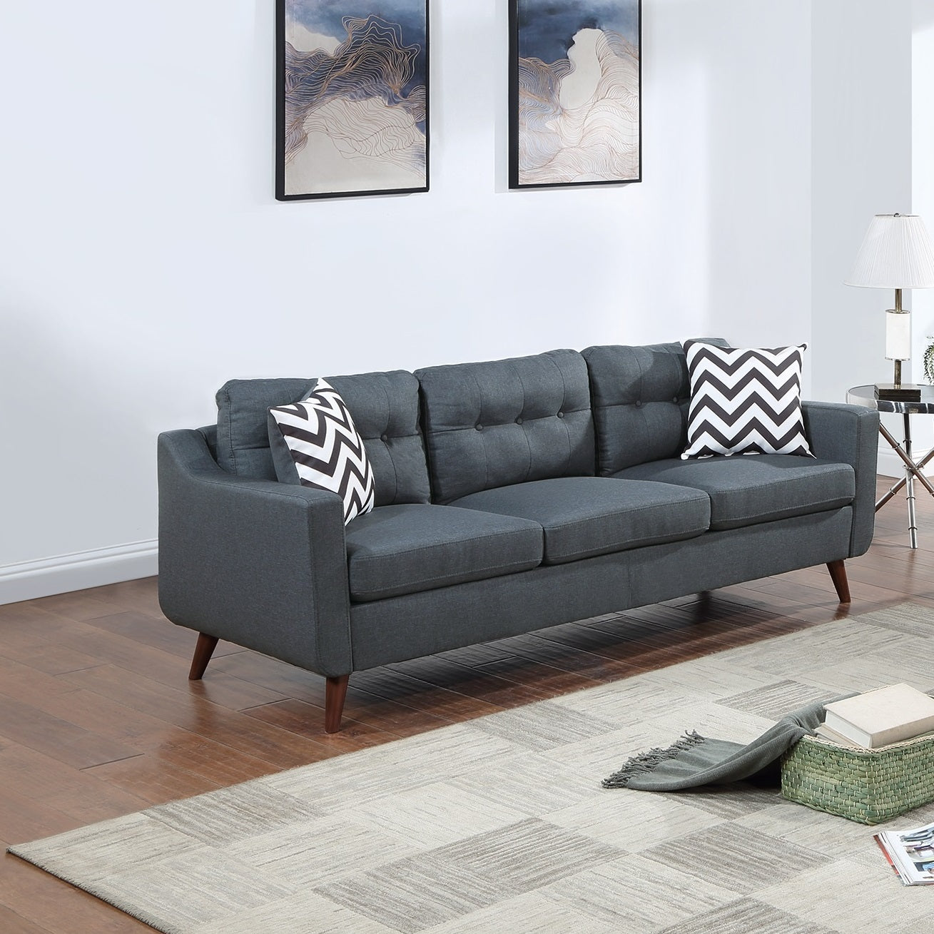 Modern Cozy Sofa Loveseat w Pillows 2pc Sofa Set Blue Gray Polyfiber Couch Tufted Cushions Living Room