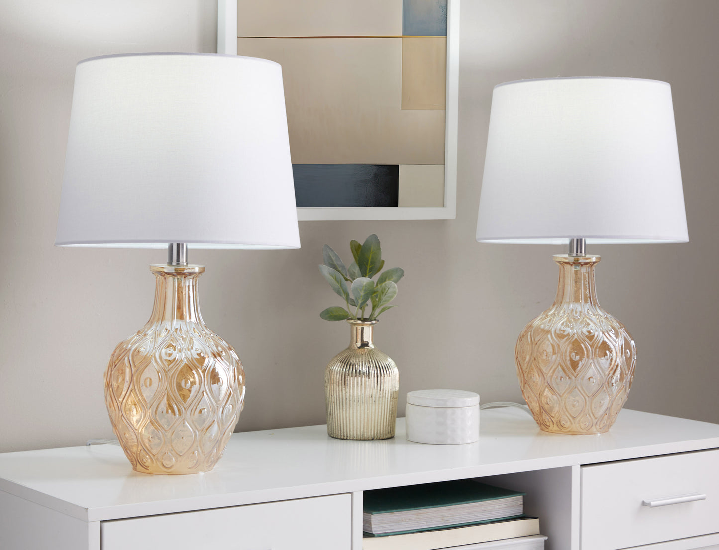 Gloria Round 20" Contemporary Glass Accent Lamp in Clear Champagne Lustre Glass, Chrome Metal and White Linen Shade from Grandview Gallery by LumiSource - Set of 2