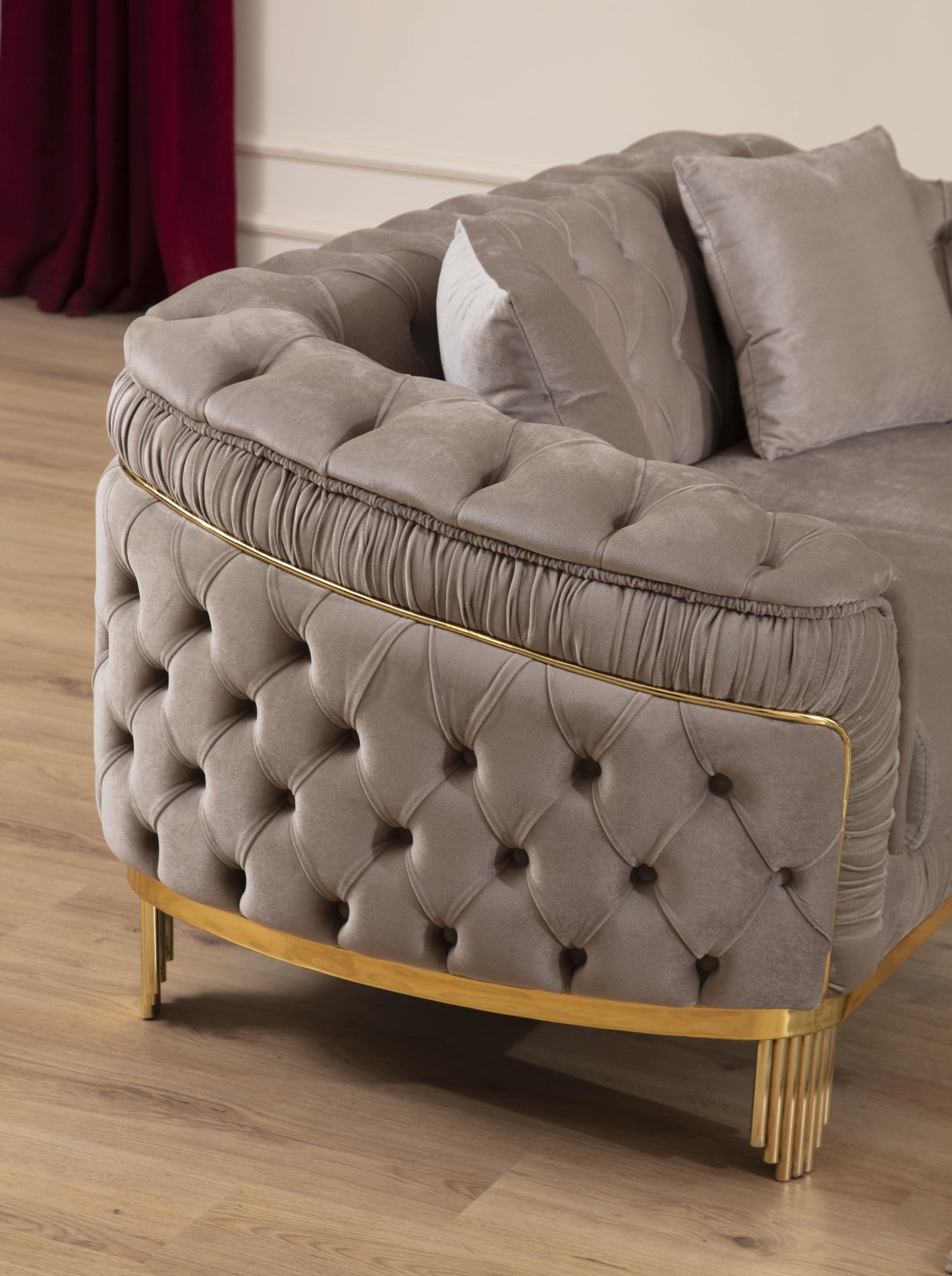Modern Style Button Tufted Sofa Made of Wood and Gold Coated Metal Legs in Taupe Color