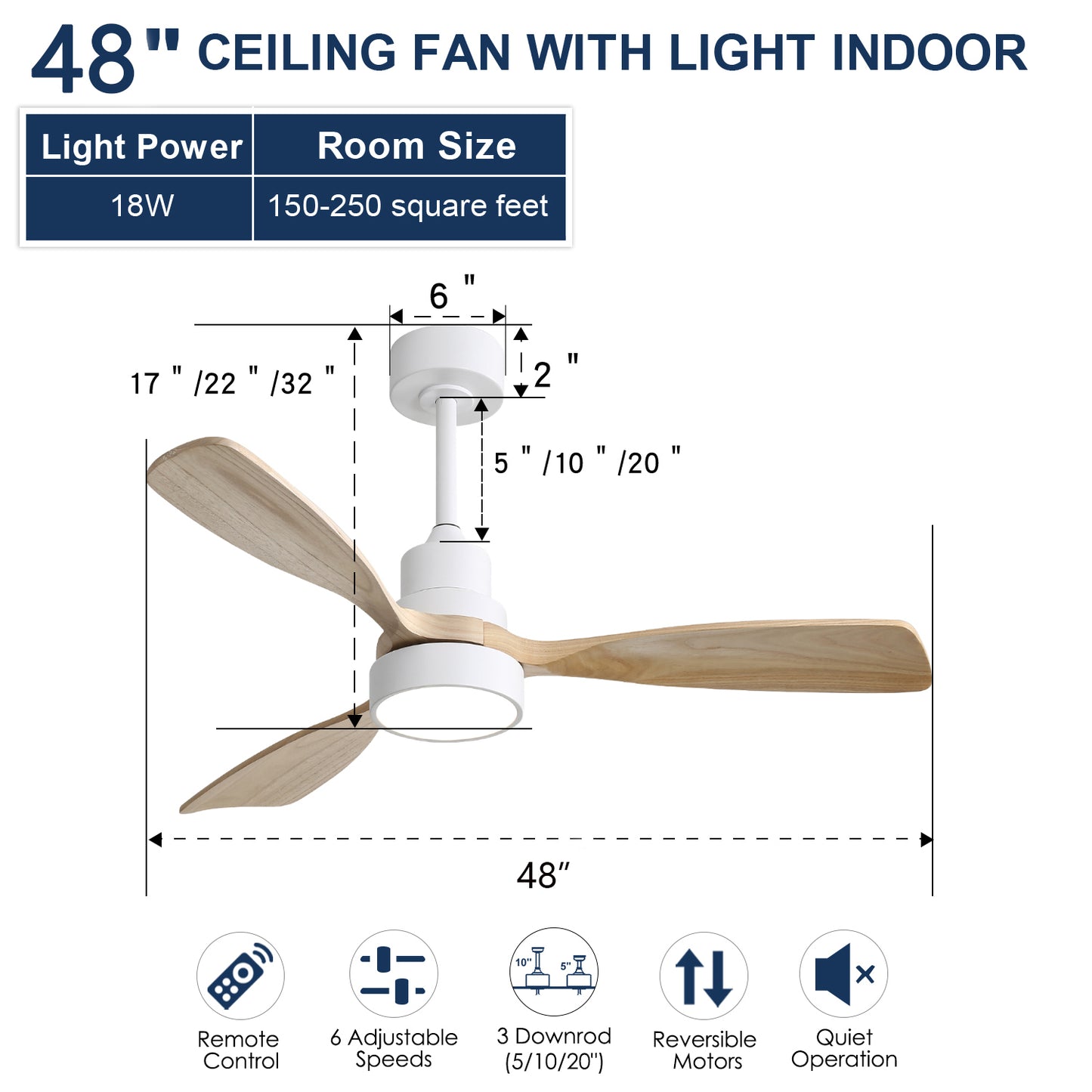 48 Inch Solid Wood Ceiling Fan with Dimmable Light 6 Speed Reversible DC Motor