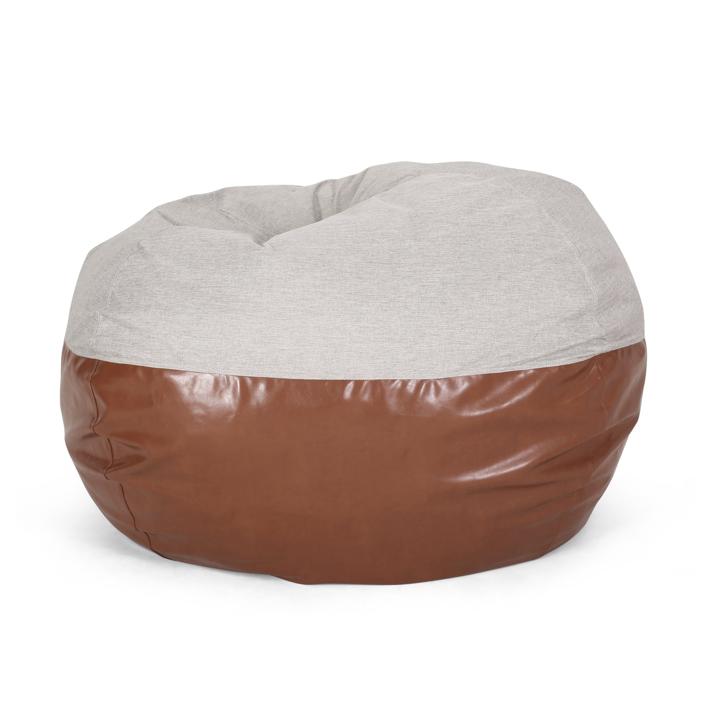 Maxi 5 Foot Two color Fabric and Faux Leather Rounded Bean Bag, Light Grey and Coffee Brown
